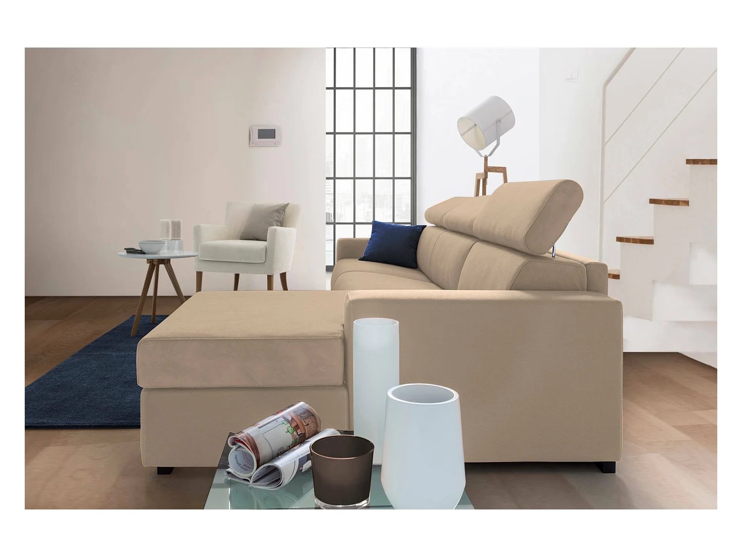 Canapé-lit Daasen, Canapé d'angle, 100% Made in Italy, Canapé à ouverture pivotante, avec péninsule de rangement droite, avec accoudoirs fins, 260x95h85 cm, Beige