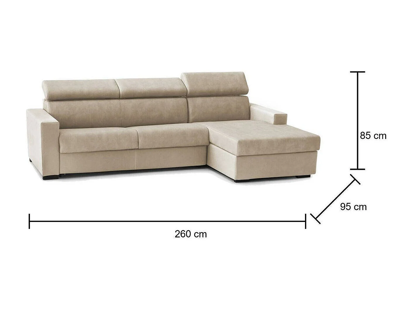 Canapé-lit Daasen, Canapé d'angle, 100% Made in Italy, Canapé à ouverture pivotante, avec péninsule de rangement droite, avec accoudoirs fins, 260x95h85 cm, Beige