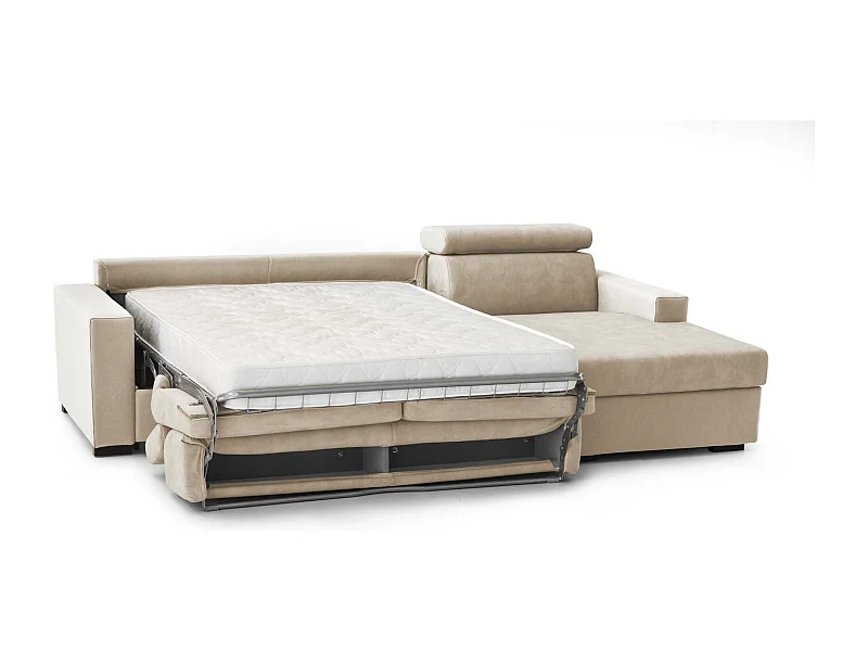Schlafsofa Daasen, Ecksofa, 100% Made in Italy, Sofa mit Drehöffnung, mit rechter Containerhalbinsel, mit schmalen Armlehnen, Cm 260x95h85, Beige