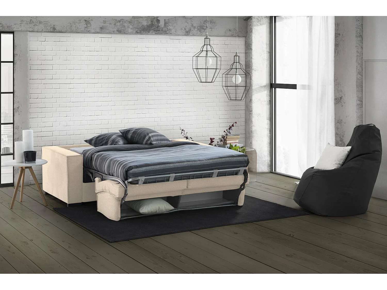 Sofa cama Daabbo, Gran Sofá de 2 plazas, 100% Made in Italy, Sofá de salón con apertura giratoria, en tela acolchada, con reposabrazos estándar, Cm 200x95h90, Beige