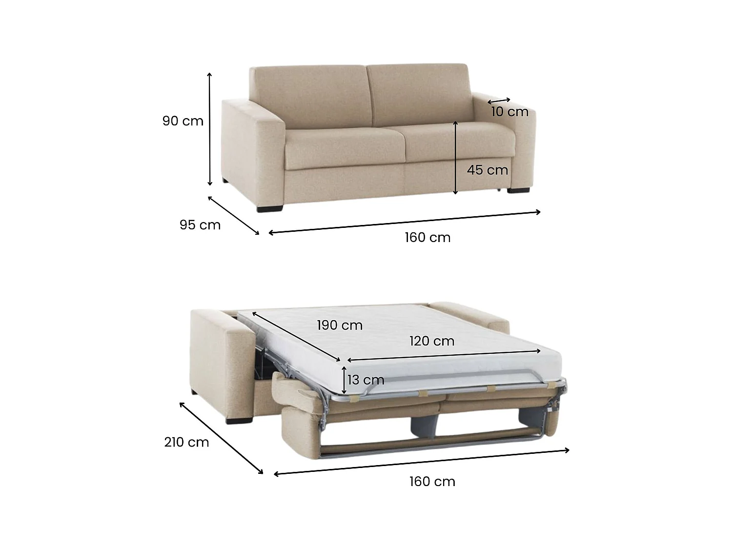 Sofá-cama Dababo, sofá de 2 lugares, 100% Fabricado na Itália, Sofá da sala com abertura giratória, em tecido acolchoado, com braços finos, 160x95h90 cm, Bege