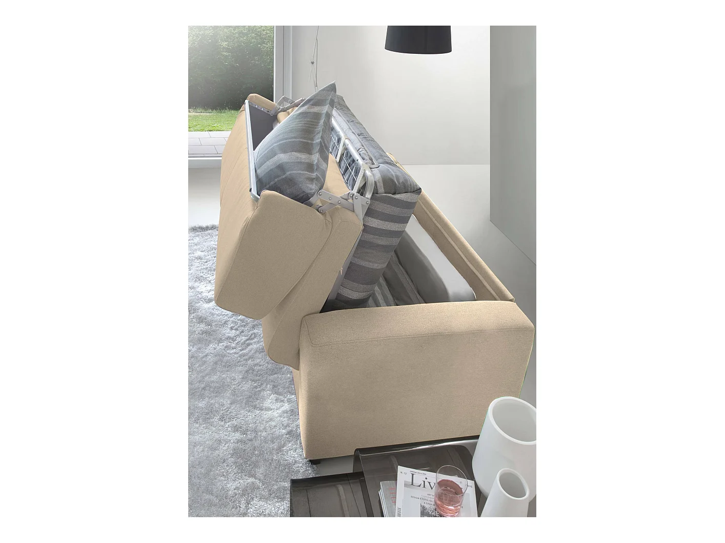 Dababo slaapbank, 2-zitsbank, 100% Made in Italy, woonkamerbank met draaibare opening, in gewatteerde stof, met slanke armleuningen, 160x95h90 cm, Beige