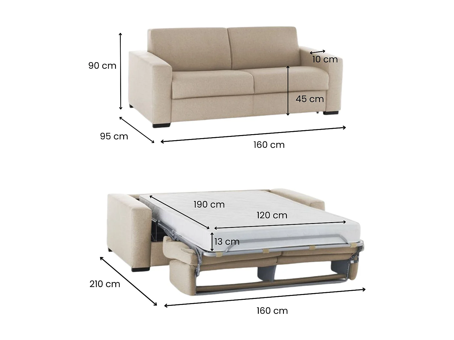 Sofa cama Dababo, Sofá de 2 plazas, 100% Made in Italy, Sofá de salón con apertura giratoria, en tela acolchada, con reposabrazos delgados, Cm 160x95h90, Beige