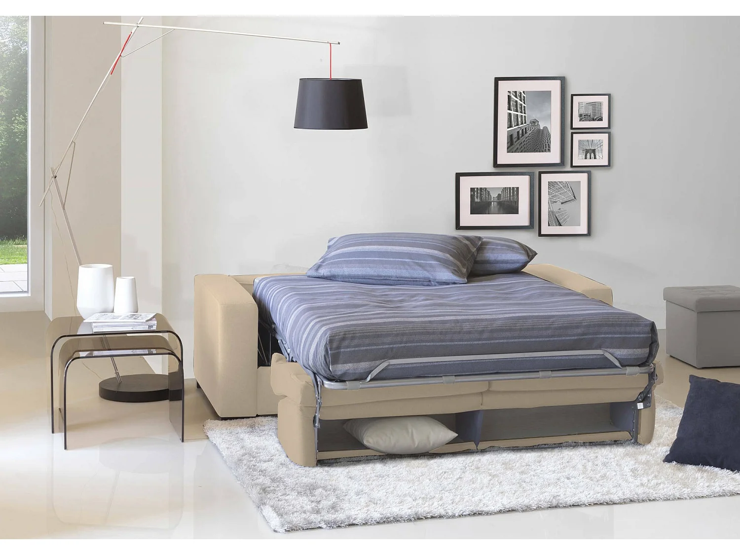 Canapé-lit Dababo, canapé 2 places, 100% Made in Italy, Canapé de salon à ouverture pivotante, en tissu rembourré, avec accoudoirs fins, 160x95h90 cm, Beige