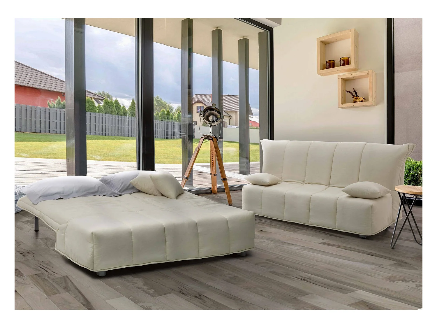 Canapé-lit Dabam, canapé 3 places, 100% Made in Italy, Canapé de salon avec ouverture trolley, en tissu rembourré, avec coussins inclus, 165x90h85 cm, Beige