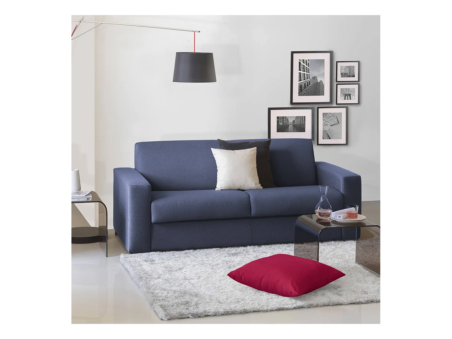 Dabakah slaapbank, 3-zitsbank, 100% Made in Italy, woonkamerbank met draaibare opening, in gewatteerde stof, met slanke armleuningen, 200x95h90 cm, Blauw