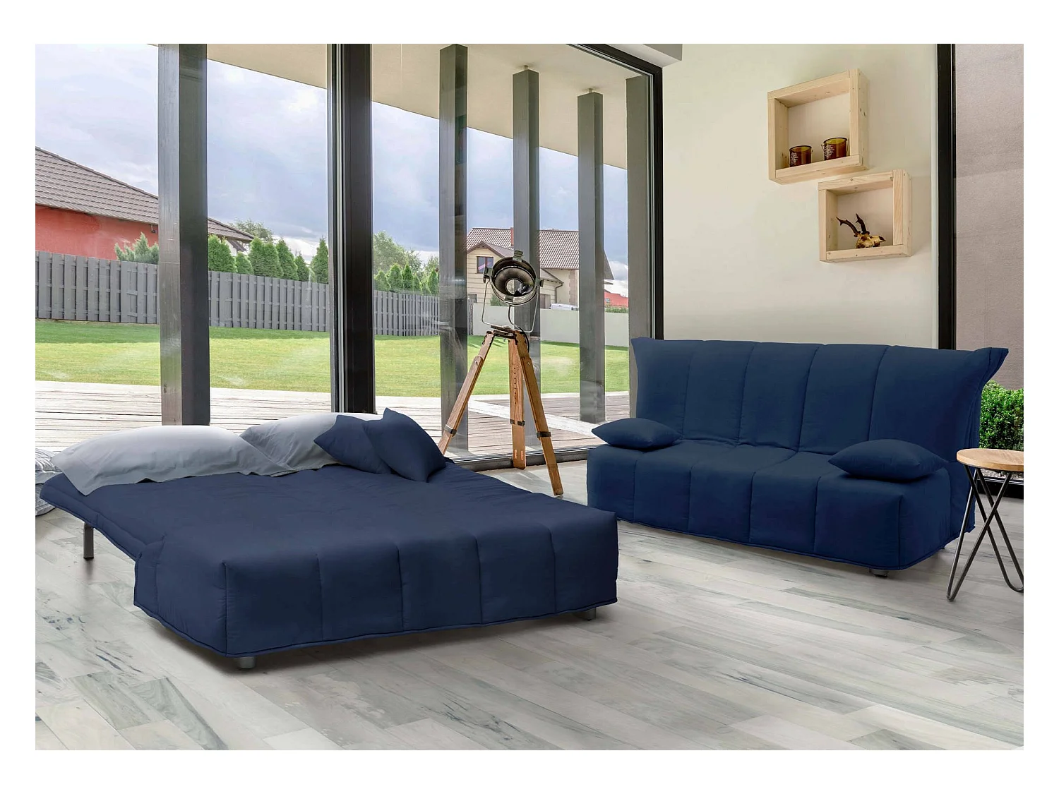 Canapé-lit Dabam, canapé 3 places, 100% Made in Italy, Canapé de salon avec ouverture trolley, en tissu rembourré, avec coussins inclus, 165x90h85 cm, Bleu