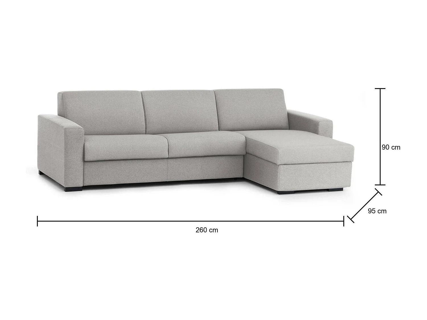 Canapé Dabala, Canapé d'angle, 100% Made in Italy, Canapé avec ouverture pivotante, avec conteneur réversible Péninsule, avec accoudoirs fins, Cm 260x95h90, Gris