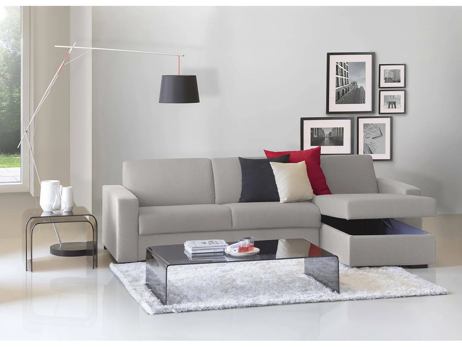 Canapé Dabala, Canapé d'angle, 100% Made in Italy, Canapé avec ouverture pivotante, avec conteneur réversible Péninsule, avec accoudoirs fins, Cm 260x95h90, Gris