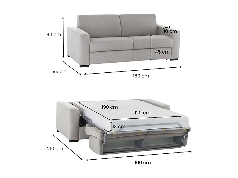 Sofá-cama Dababo, sofá de 2 lugares, 100% Fabricado na Itália, Sofá da sala com abertura giratória, em tecido acolchoado, com braços finos, 160x95h90 cm, Cinza