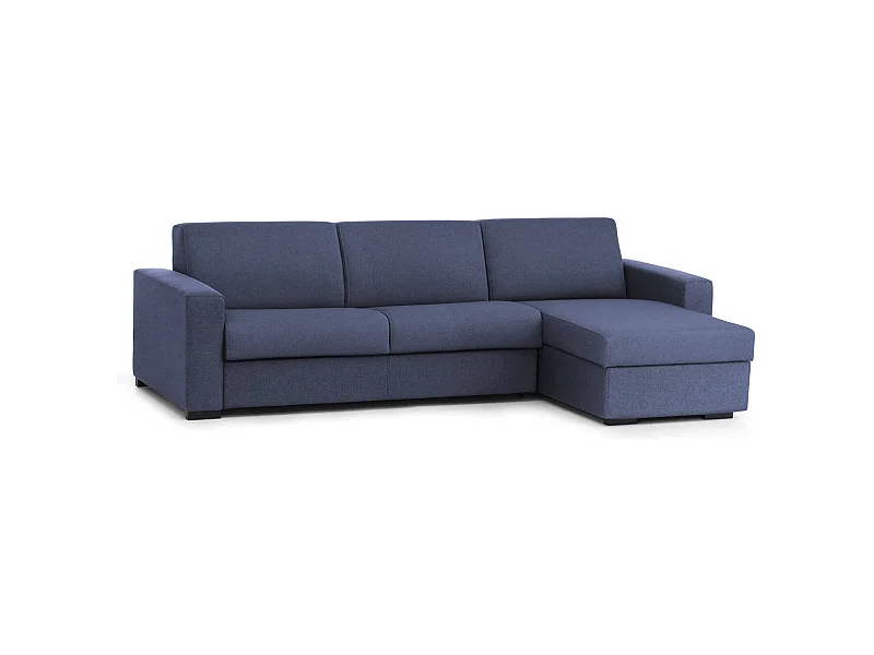 Canapé Dabala, Canapé d'angle, 100% Made in Italy, Canapé avec ouverture pivotante, avec conteneur réversible Péninsule, avec accoudoirs fins, Cm 260x95h90, Bleu