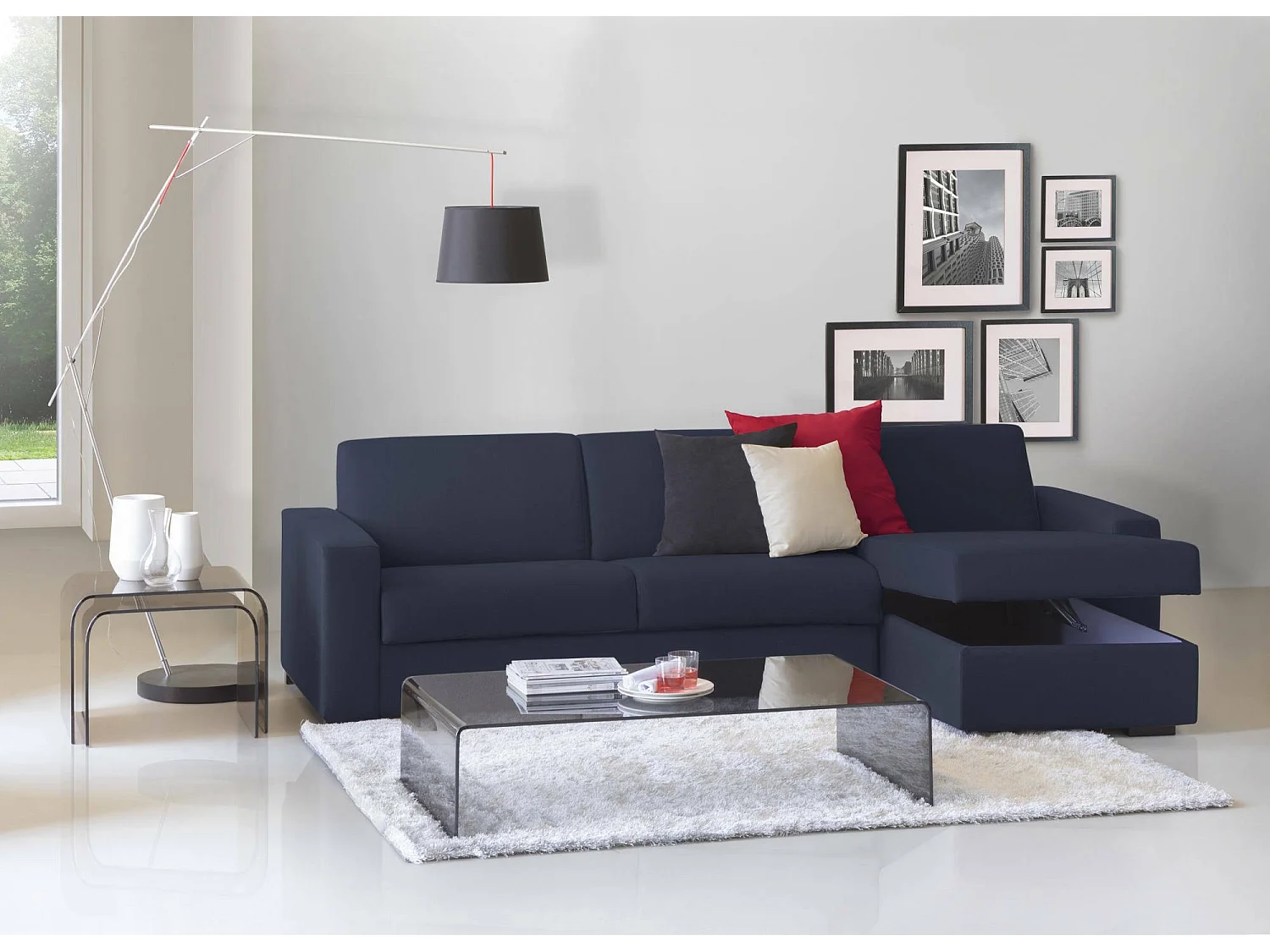 Canapé Dabala, Canapé d'angle, 100% Made in Italy, Canapé avec ouverture pivotante, avec conteneur réversible Péninsule, avec accoudoirs fins, Cm 260x95h90, Bleu