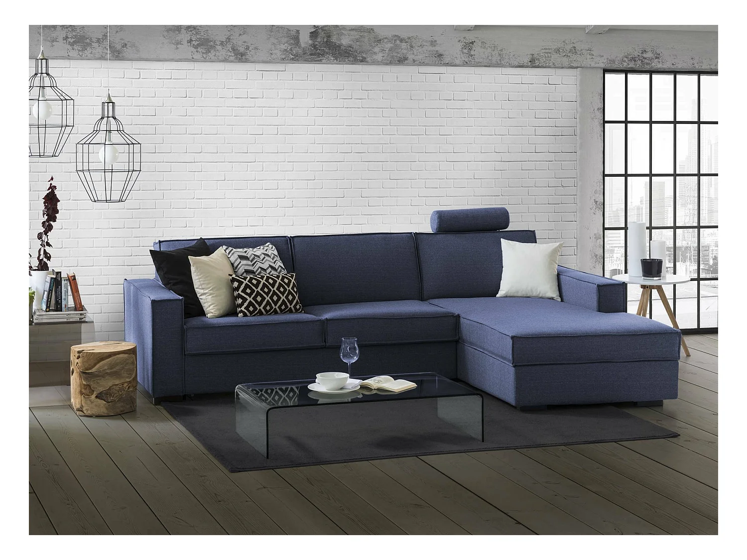 Canapé-lit Daahje, Canapé d'angle, 100% Made in Italy, Canapé avec ouverture pivotante, Péninsule de rangement droite, avec accoudoirs standards, 280x95h90 cm, Bleu