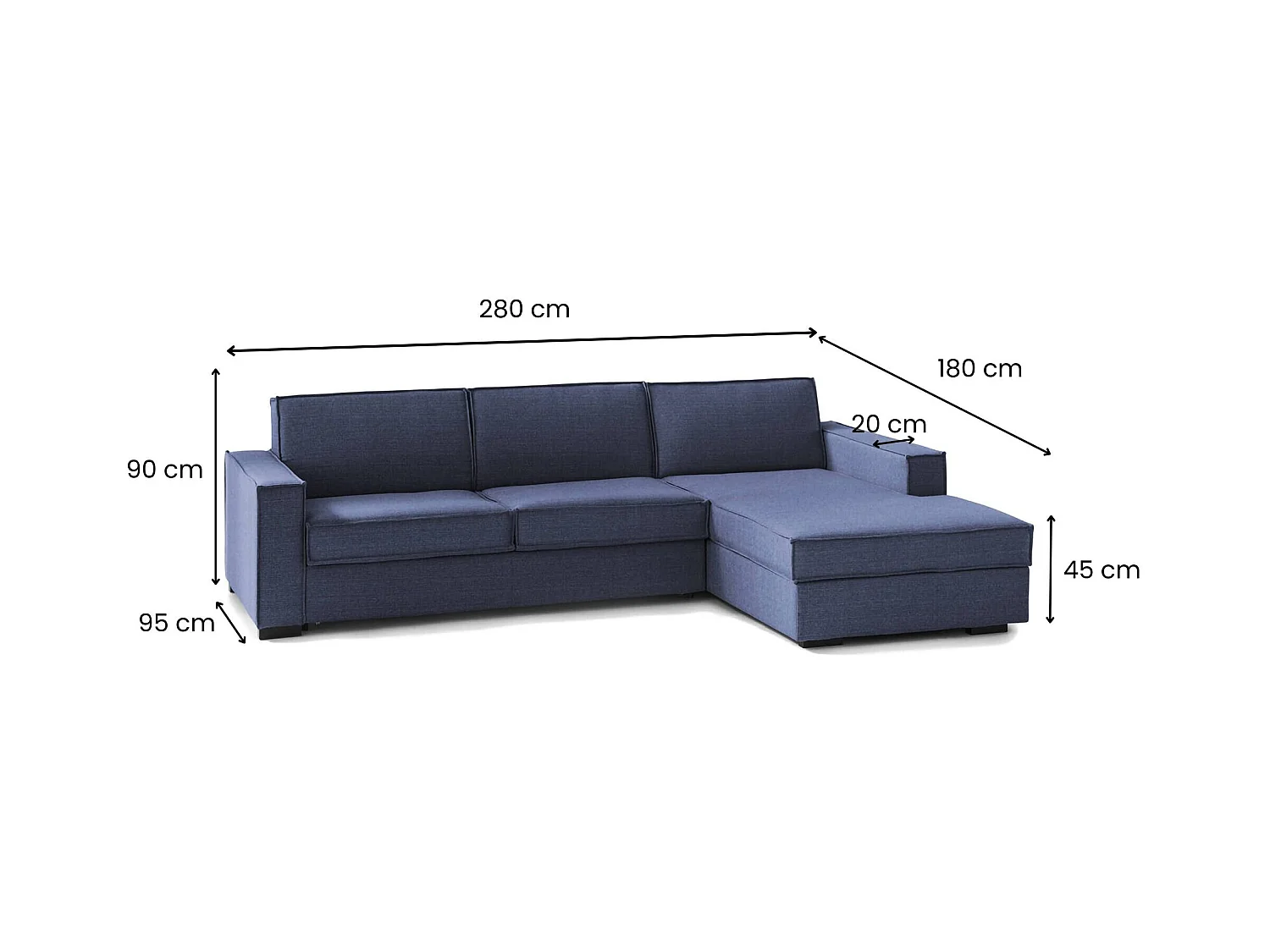 Canapé-lit Daahje, Canapé d'angle, 100% Made in Italy, Canapé avec ouverture pivotante, Péninsule de rangement droite, avec accoudoirs standards, 280x95h90 cm, Bleu