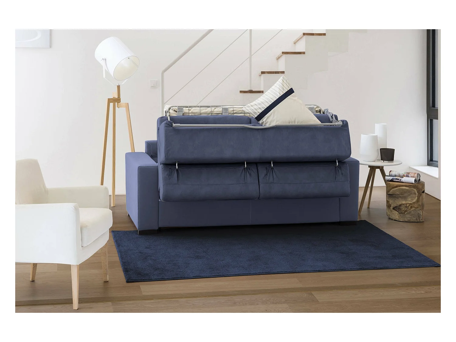 Canapé-lit Daahje, Canapé d'angle, 100% Made in Italy, Canapé avec ouverture pivotante, Péninsule de rangement droite, avec accoudoirs standards, 280x95h90 cm, Bleu