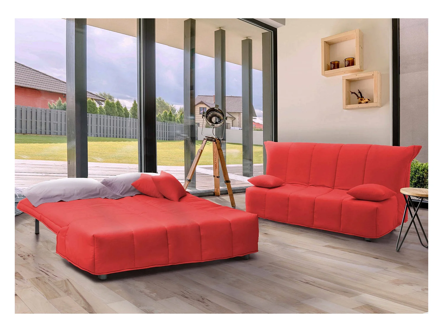 Canapé-lit Dabam, canapé 3 places, 100% Made in Italy, Canapé de salon avec ouverture trolley, en tissu rembourré, avec coussins inclus, 165x90h85 cm, Rouge