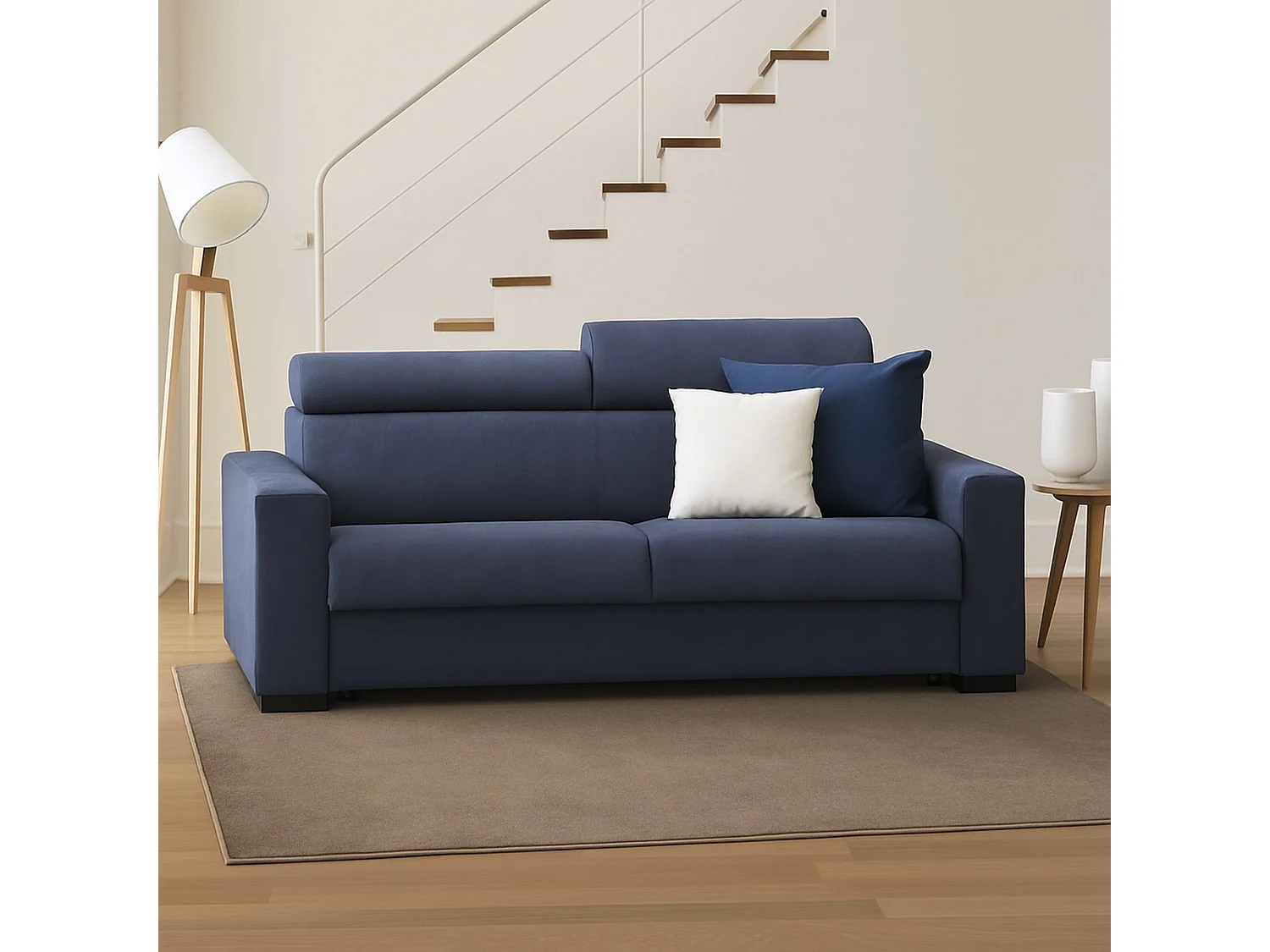 Canapé-lit Daara, canapé 3 places, 100% Made in Italy, Canapé de salon à ouverture pivotante, avec appuie-tête réglables et accoudoirs fins, 200x95h85 cm, Bleu