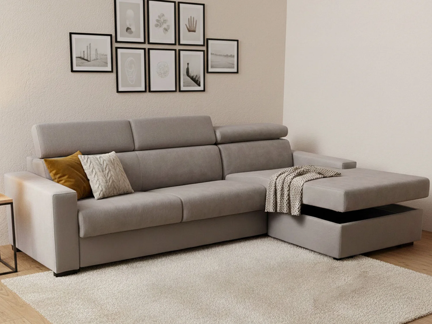 Sofá-cama Daaen, Sofá de canto, 100% Fabricado na Itália, Sofá com abertura giratória, com penínula de armazenamento direita, com braço fino, Cm 260x95h85, Taupe