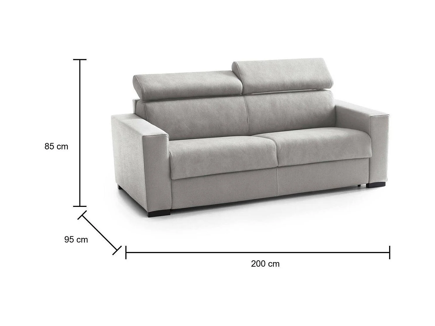 Canapé-lit Daara, canapé 3 places, 100% Made in Italy, Canapé de salon à ouverture pivotante, avec appuie-tête réglables et accoudoirs fins, 200x95h85 cm, Gris