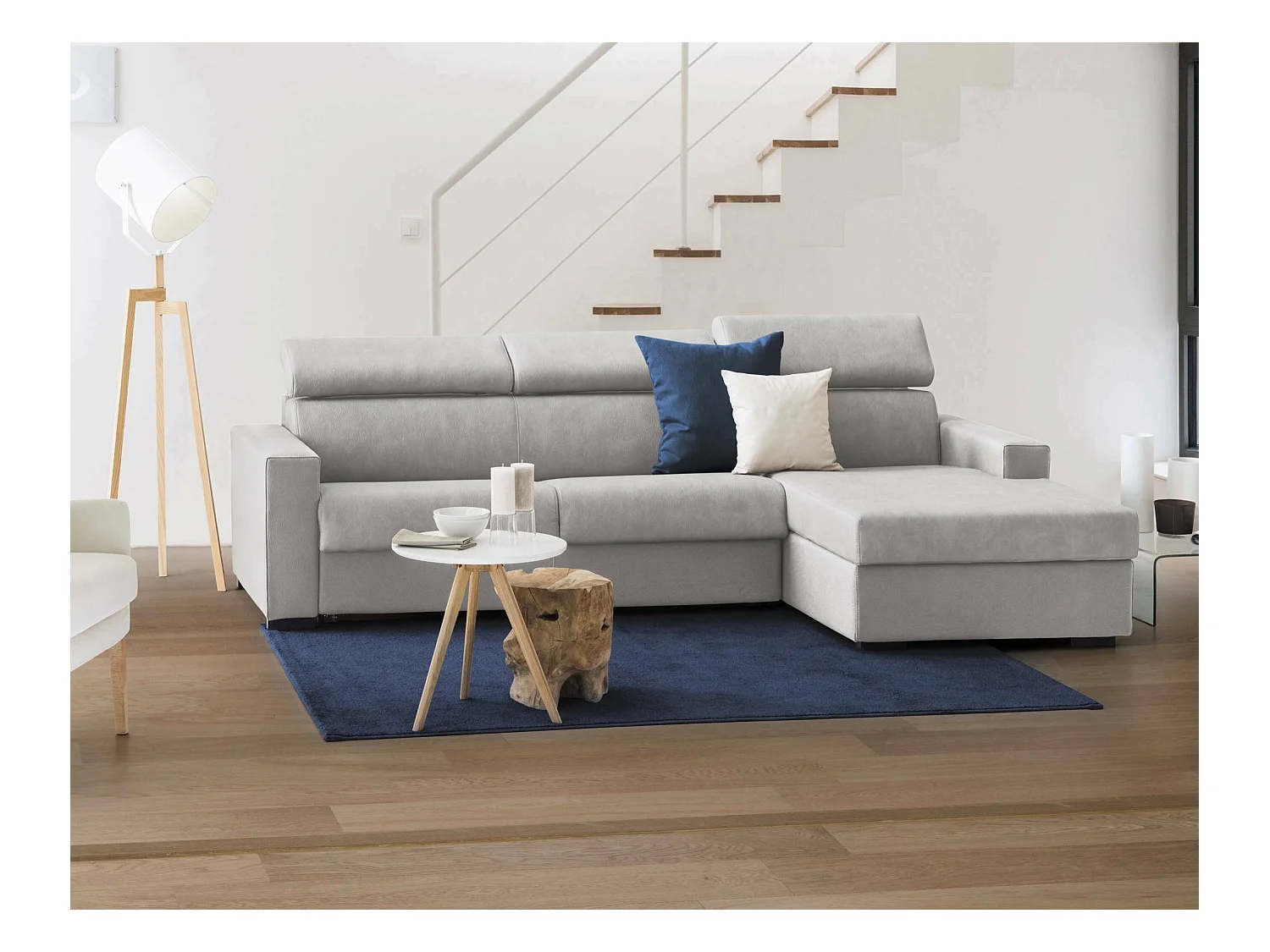 Canapé-lit Daasen, Canapé d'angle, 100% Made in Italy, Canapé à ouverture pivotante, avec péninsule de rangement droite, avec accoudoirs fins, 260x95h85 cm, Gris