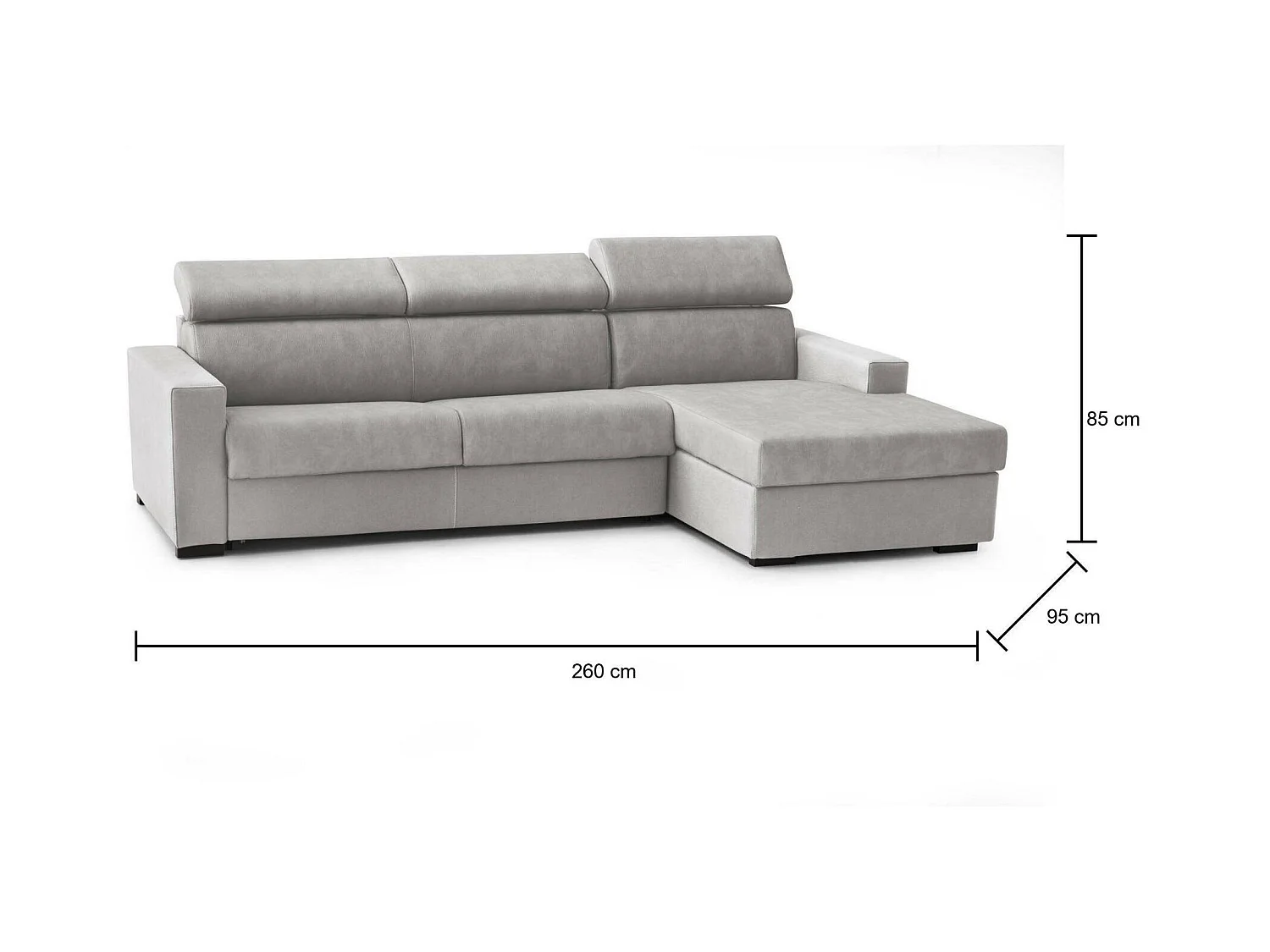 Canapé-lit Daasen, Canapé d'angle, 100% Made in Italy, Canapé à ouverture pivotante, avec péninsule de rangement droite, avec accoudoirs fins, 260x95h85 cm, Gris