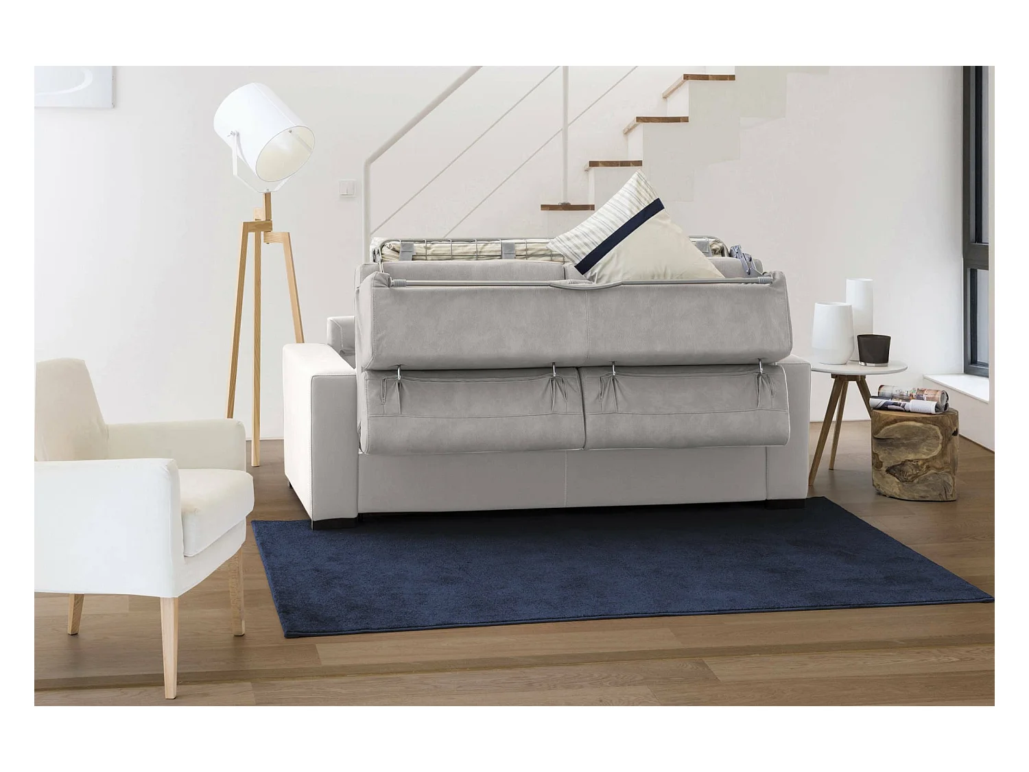 Canapé-lit Daasen, Canapé d'angle, 100% Made in Italy, Canapé à ouverture pivotante, avec péninsule de rangement droite, avec accoudoirs fins, 260x95h85 cm, Gris