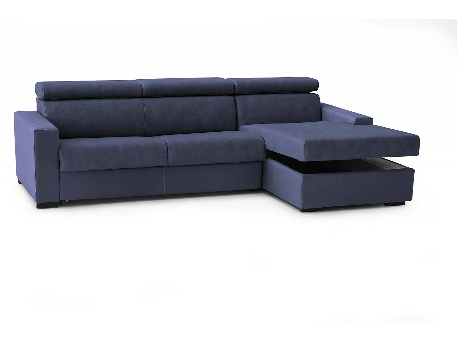 Canapé-lit Daasen, Canapé d'angle, 100% Made in Italy, Canapé à ouverture pivotante, avec péninsule de rangement droite, avec accoudoirs fins, 260x95h85 cm, Bleu