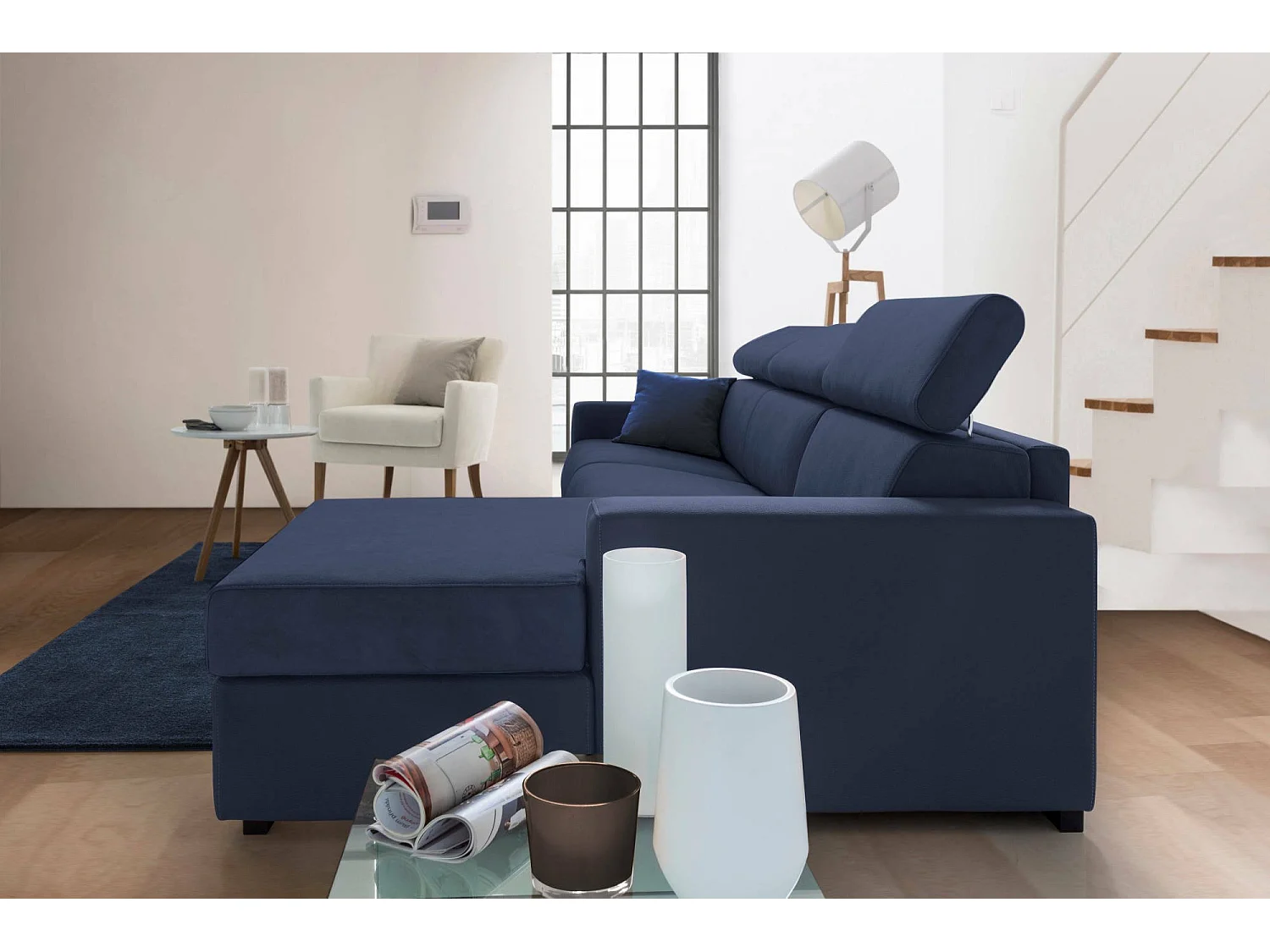 Sofá-cama Daasen, Sofá de canto, 100% Fabricado na Itália, Sofá com abertura giratória, com península de arrumação direita, com braços finos, 260x95h85 cm, Azul