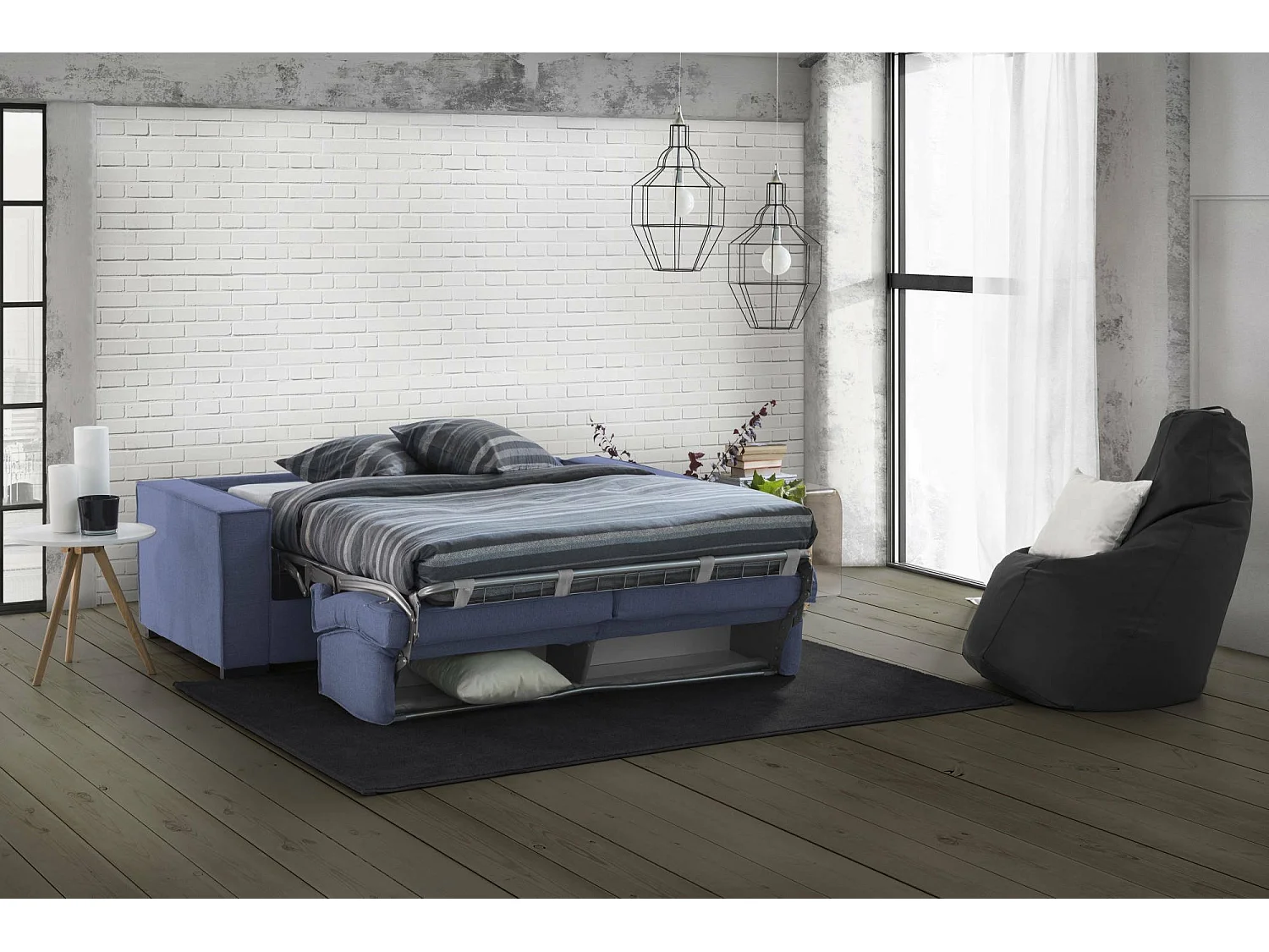 Canapé-lit Daabiz, canapé 3 places, 100% Made in Italy, Canapé de salon à ouverture pivotante, en tissu rembourré, avec accoudoirs standards, 220x95h90 cm, Bleu