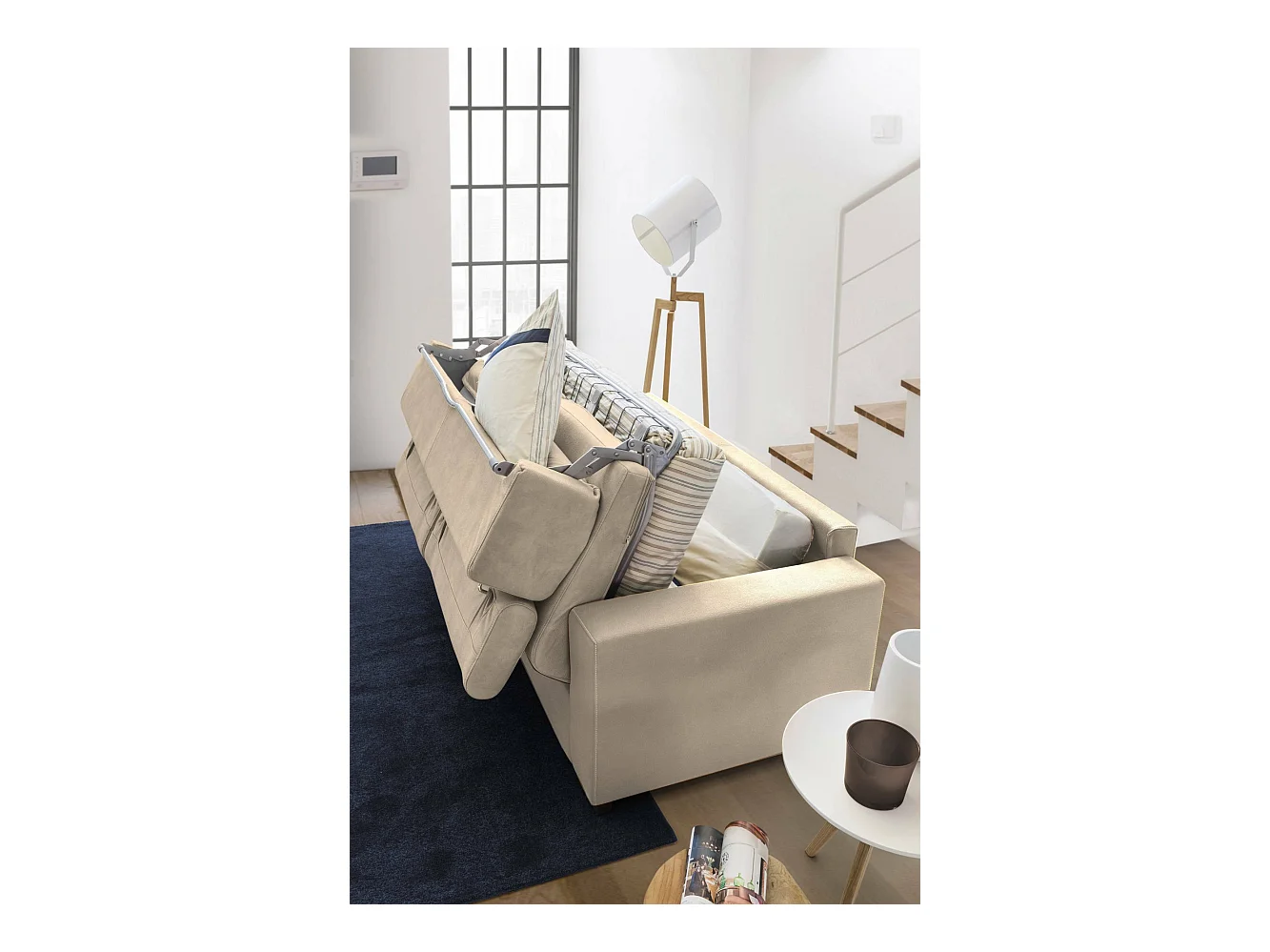 Daankou Slaapbank, 3-zitsbank, 100% Made in Italy, Woonkamerbank met draaibare opening, met verstelbare hoofdsteunen en standaard armleuningen, 220x95h85 cm, Beige