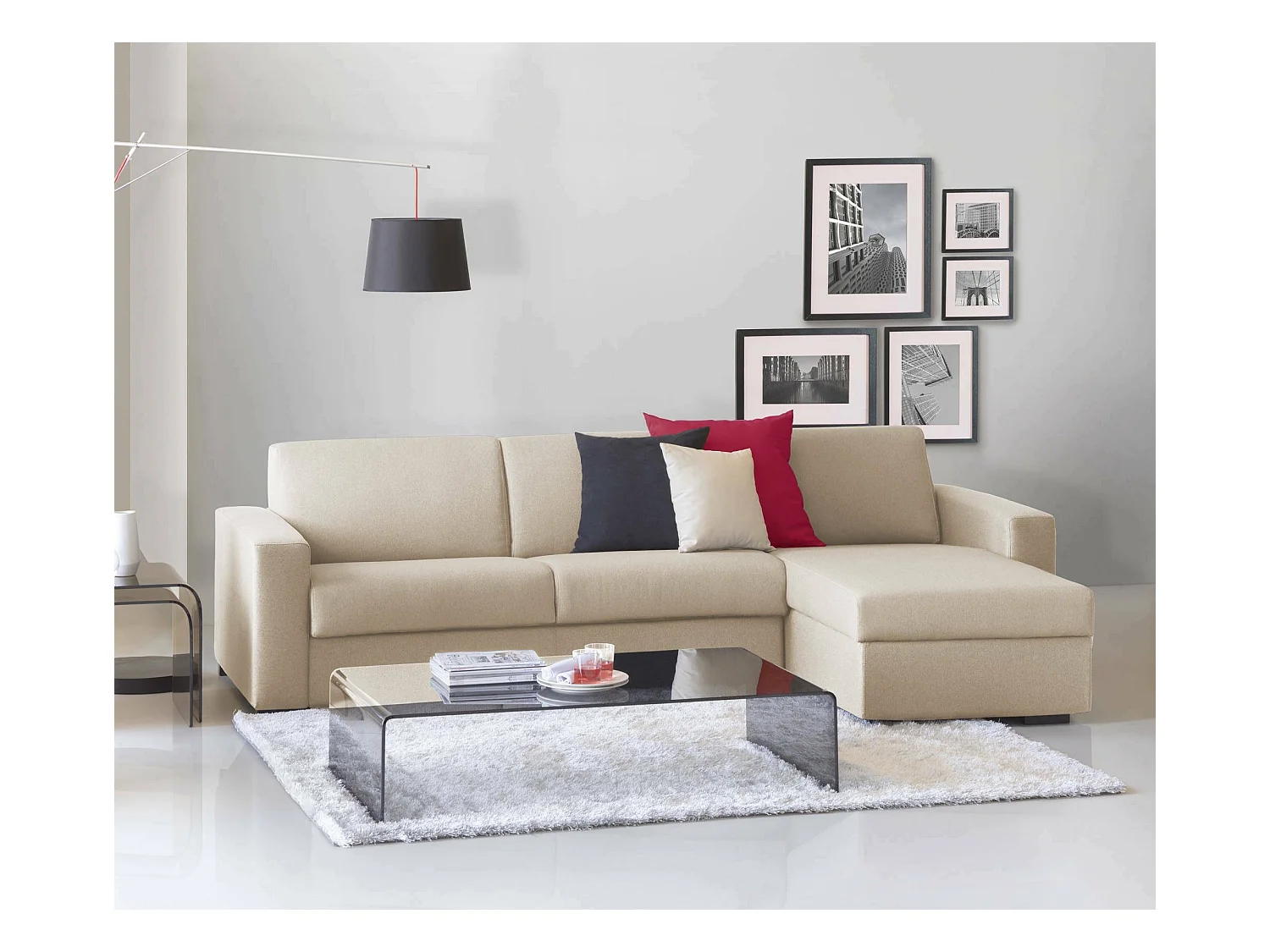 Schlafsofa Dabala, Ecksofa, 100% Made in Italy, Sofa mit Drehöffnung, mit Wendebehälter Halbinsel, mit schmalen Armlehnen, Cm 260x95h90, Beige