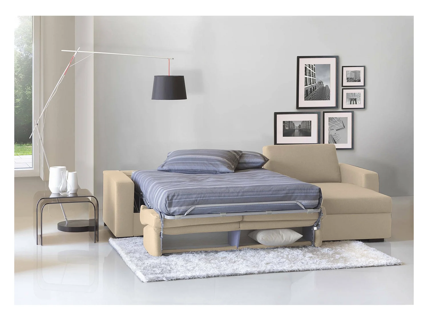 Schlafsofa Dabala, Ecksofa, 100% Made in Italy, Sofa mit Drehöffnung, mit Wendebehälter Halbinsel, mit schmalen Armlehnen, Cm 260x95h90, Beige