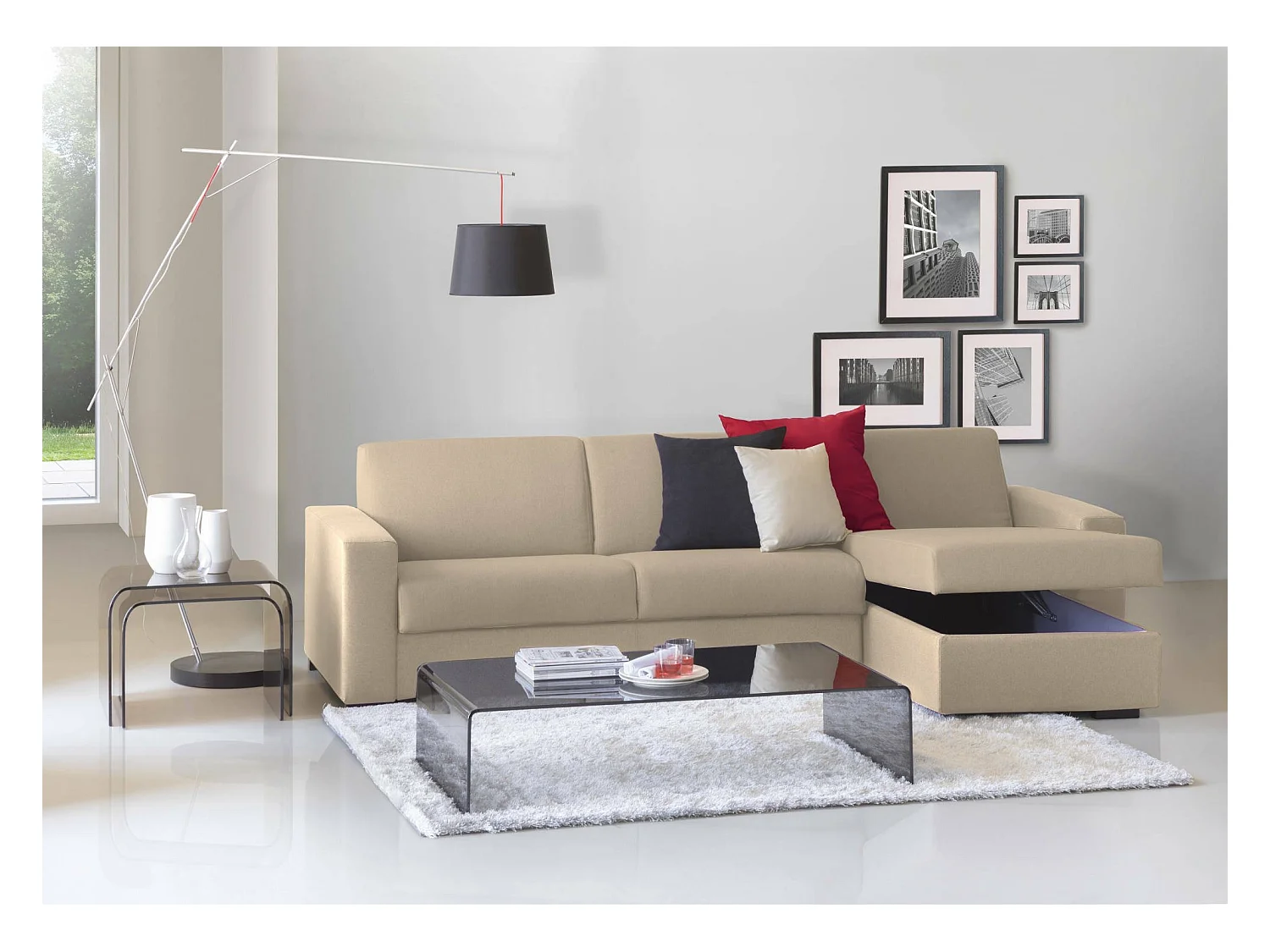 Schlafsofa Dabala, Ecksofa, 100% Made in Italy, Sofa mit Drehöffnung, mit Wendebehälter Halbinsel, mit schmalen Armlehnen, Cm 260x95h90, Beige