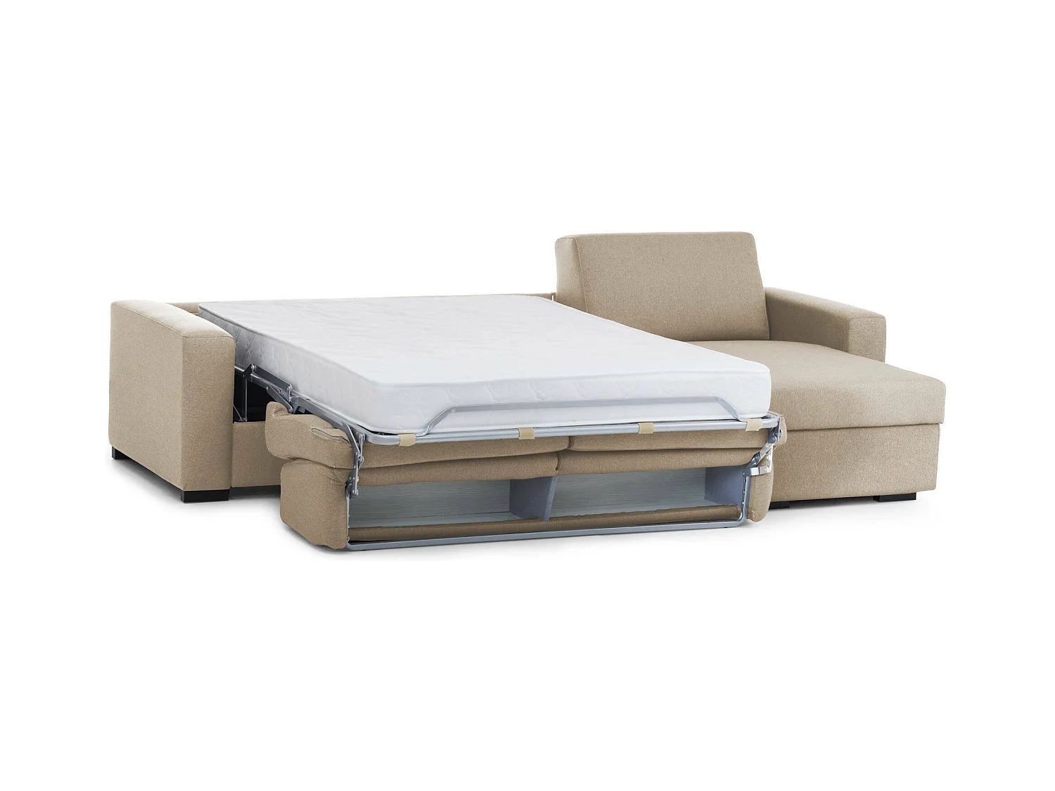 Schlafsofa Dabala, Ecksofa, 100% Made in Italy, Sofa mit Drehöffnung, mit Wendebehälter Halbinsel, mit schmalen Armlehnen, Cm 260x95h90, Beige