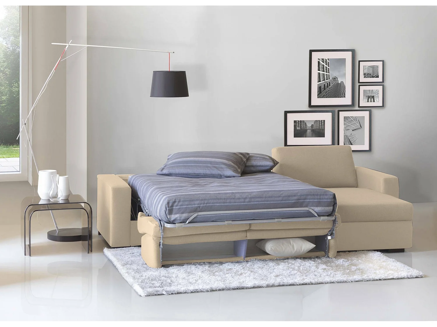 Schlafsofa Dabala, Ecksofa, 100% Made in Italy, Sofa mit Drehöffnung, mit Wendebehälter Halbinsel, mit schmalen Armlehnen, Cm 260x95h90, Beige