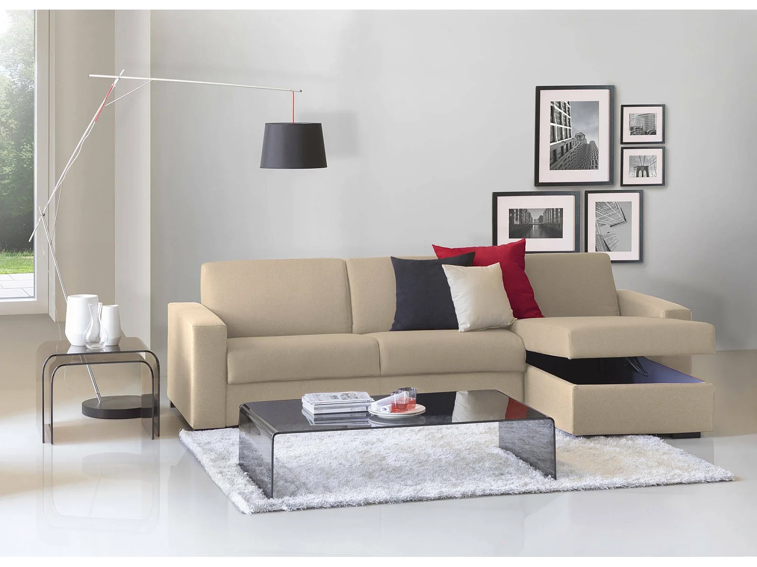 Schlafsofa Dabala, Ecksofa, 100% Made in Italy, Sofa mit Drehöffnung, mit Wendebehälter Halbinsel, mit schmalen Armlehnen, Cm 260x95h90, Beige