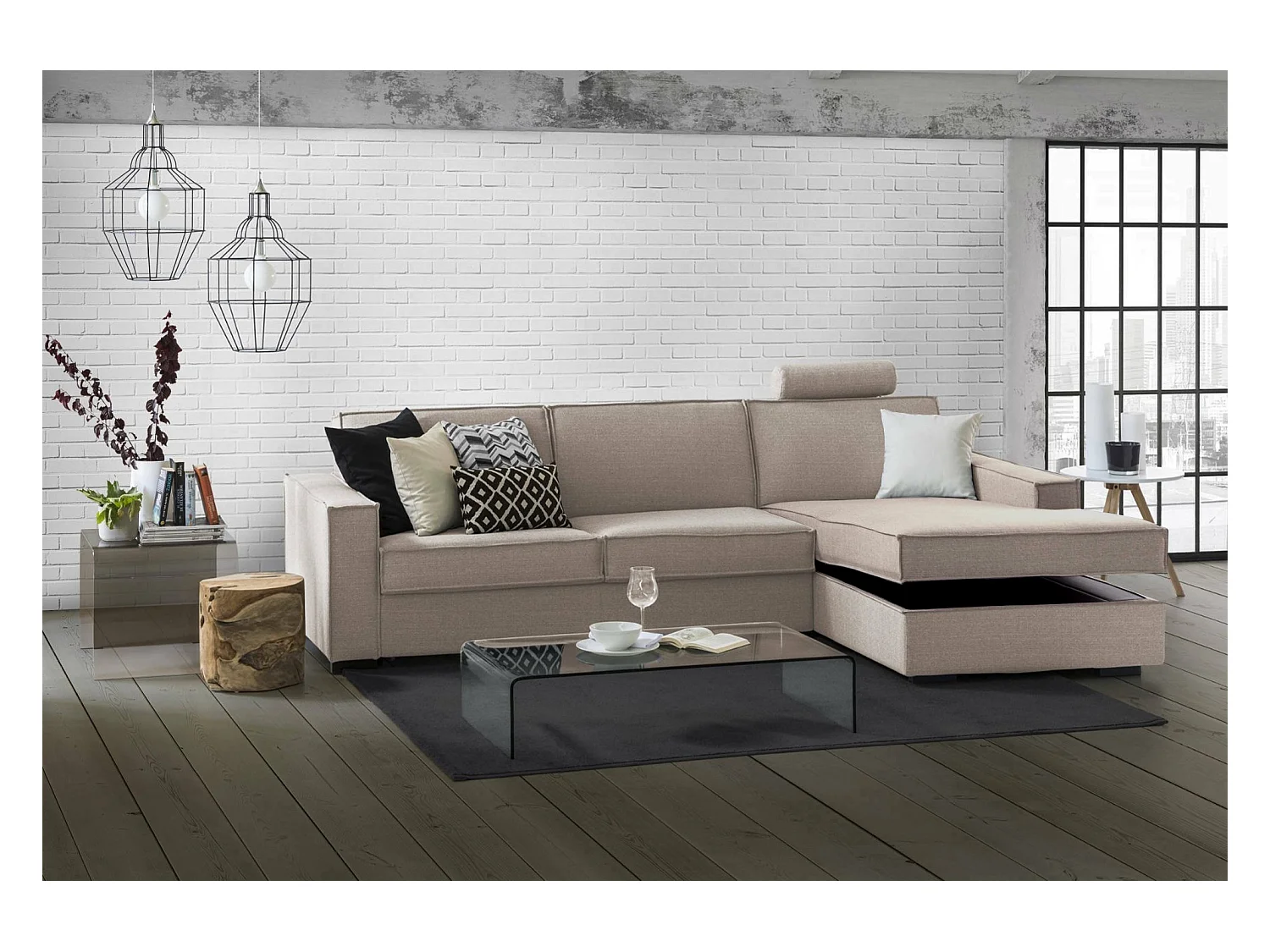 Schlafsofa Daahje, Ecksofa, 100% Made in Italy, Sofa mit Drehöffnung, Rechte Containerhalbinsel, mit Standard-Armlehnen, Cm 280x95h90, Turteltaube