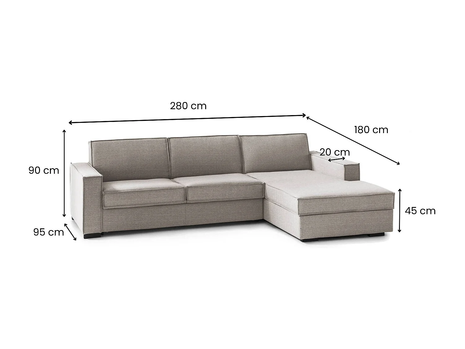 Sofá-cama Daahje, Sofá de canto, 100% Fabricado na Itália, Sofá com abertura giratória, Península de armazenamento direita, com braços padrão, Cm 280x95h90, Taupe