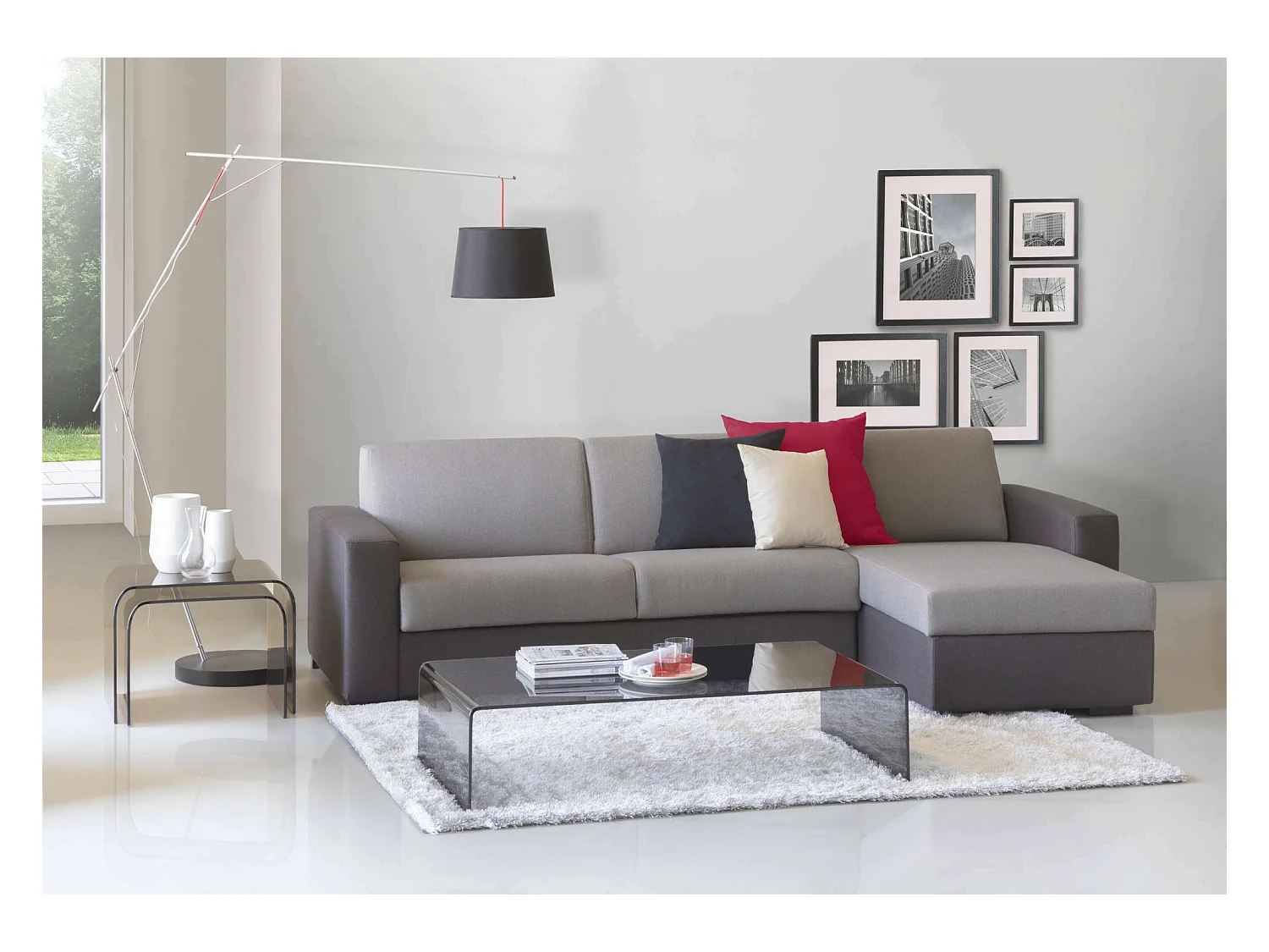 Divano letto con penisola in tessuto grigio, antracite 260x95h90 cm