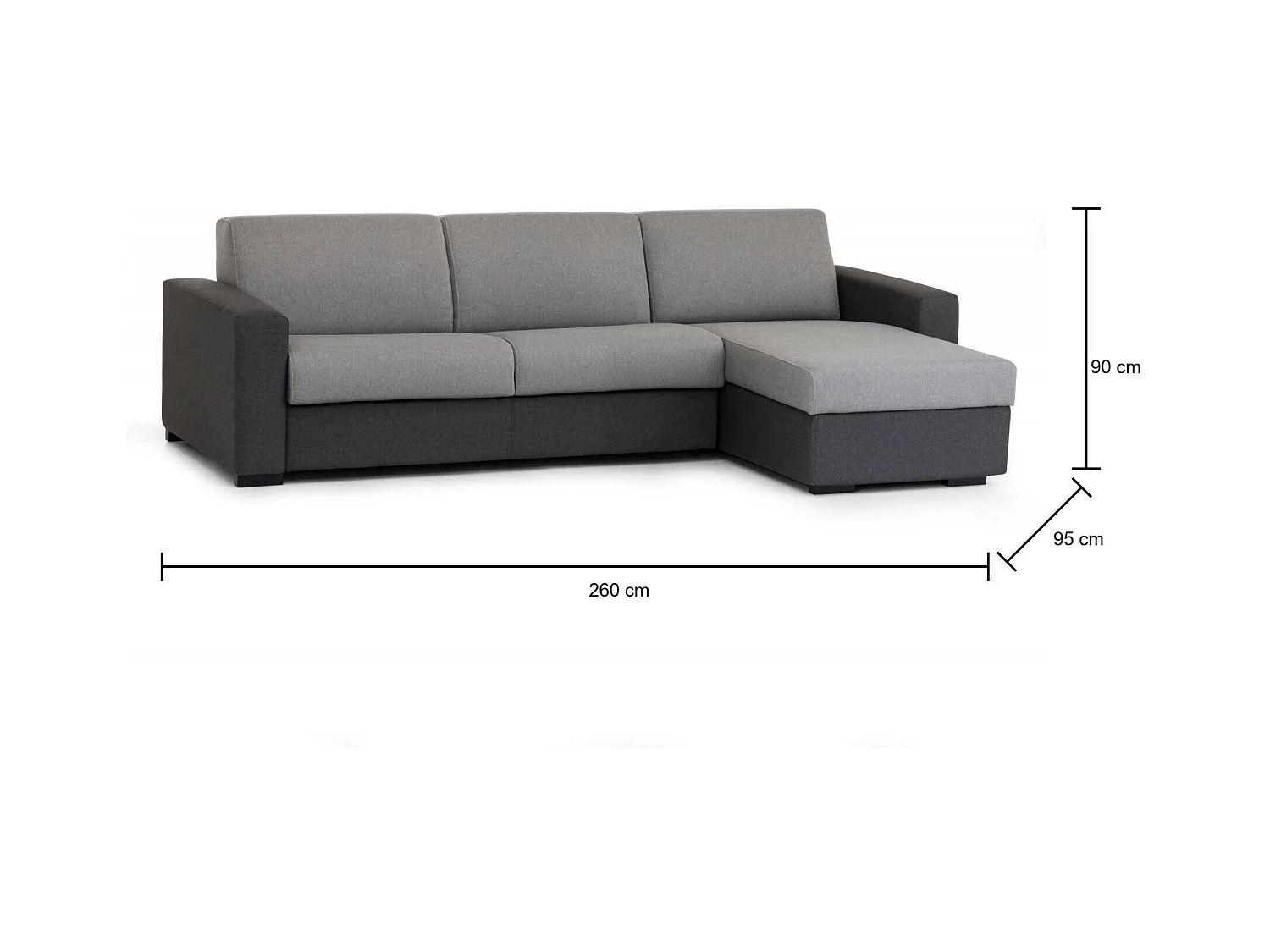 Divano letto con penisola in tessuto grigio, antracite 260x95h90 cm