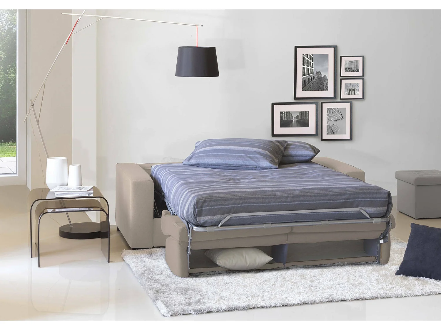 Canapé-lit Dabaida, Grand canapé 2 places, 100% Made in Italy, Canapé de salon à ouverture pivotante, en tissu rembourré, avec accoudoirs fins, Cm 180x95h90, Taupe