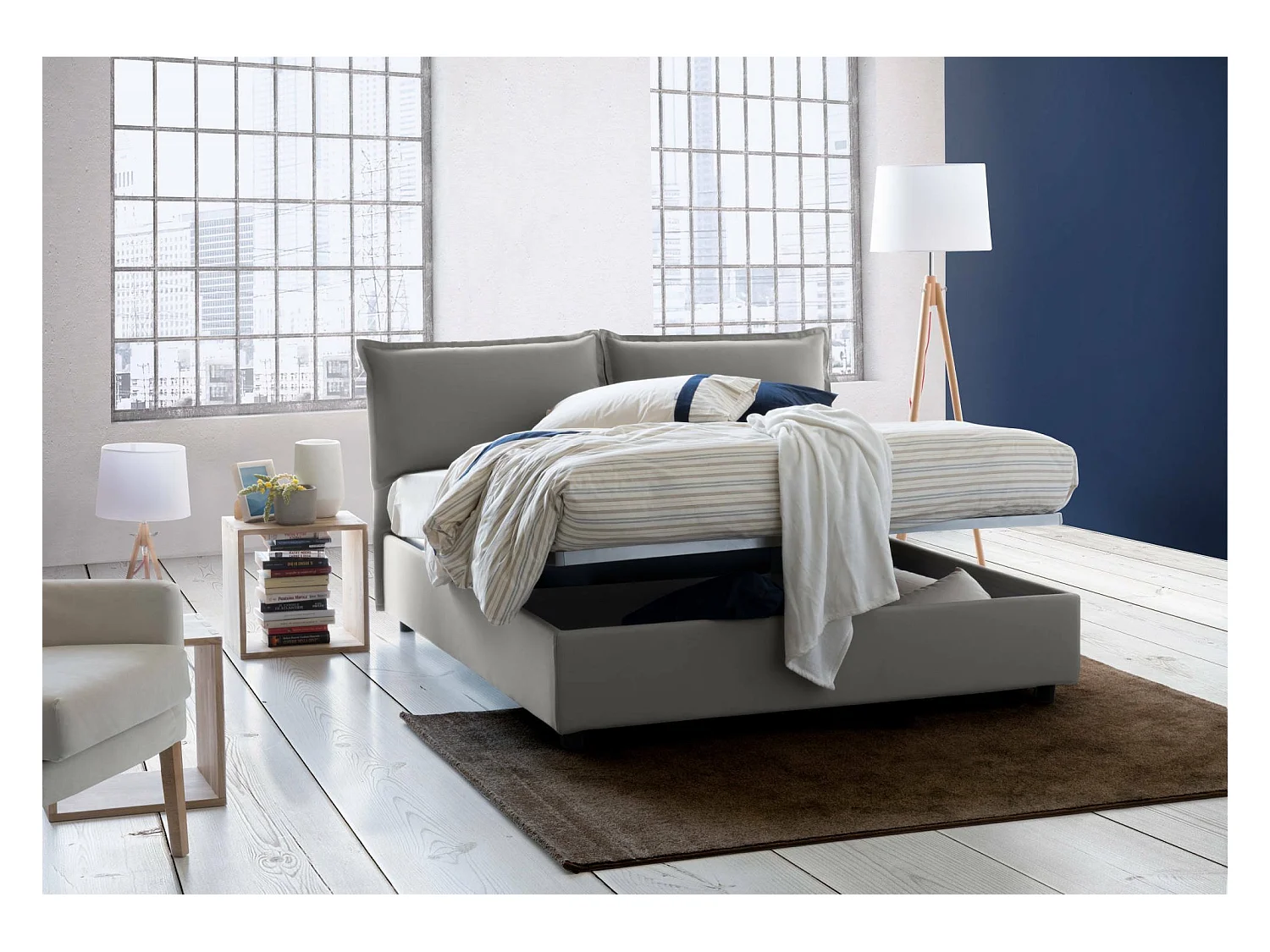 Cama matrimonial Daam, Cama contenedor con revestimiento de tela, 100% Made in Italy, Apertura frontal, adecuado para colchón 140x190 cm, Gris