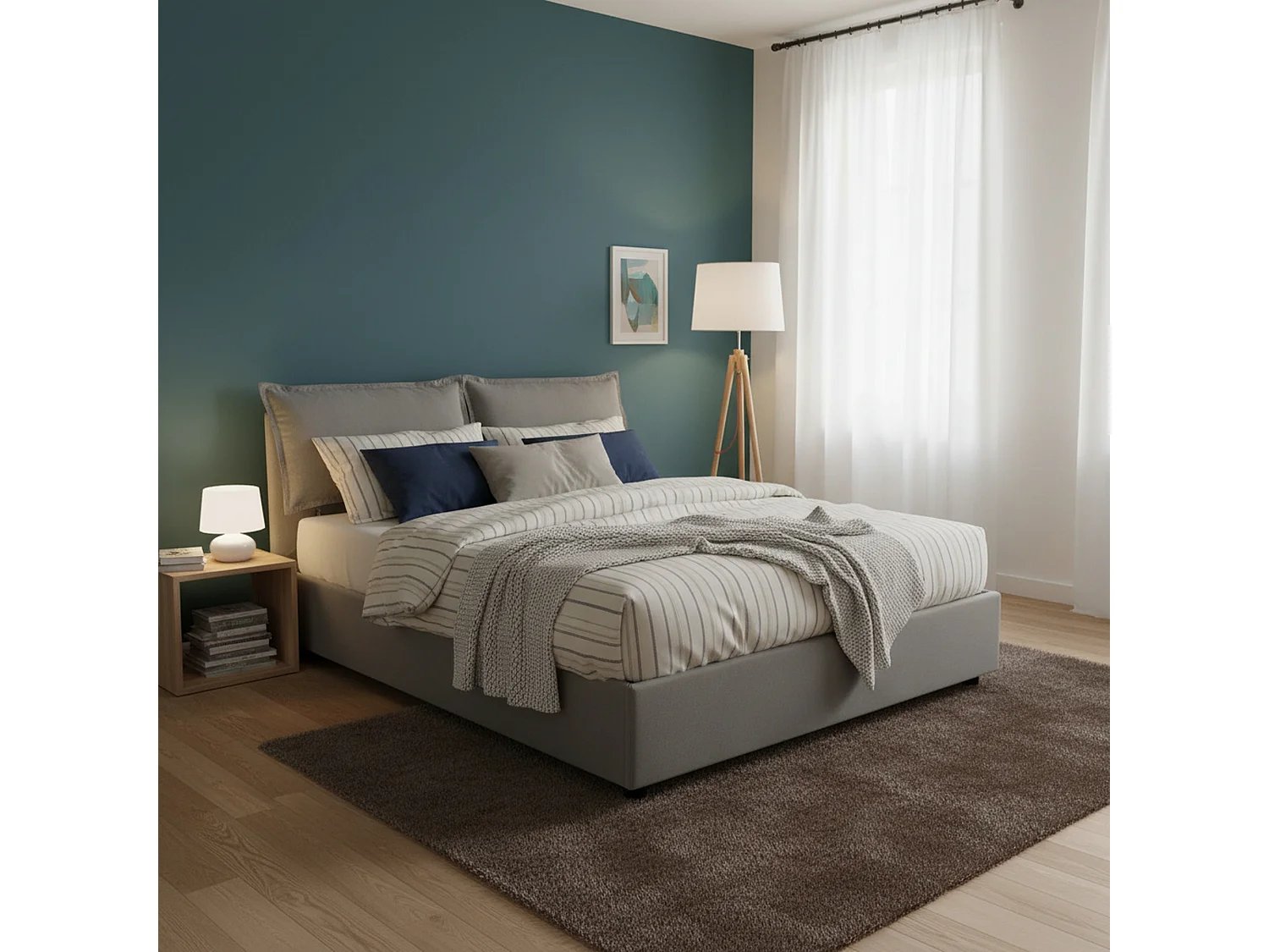 Daam tweepersoonsbed, Opbergbed met stoffen bekleding, 100% Made in Italy, Opening aan de voorzijde, geschikt voor matras 140x190 cm, Grijs