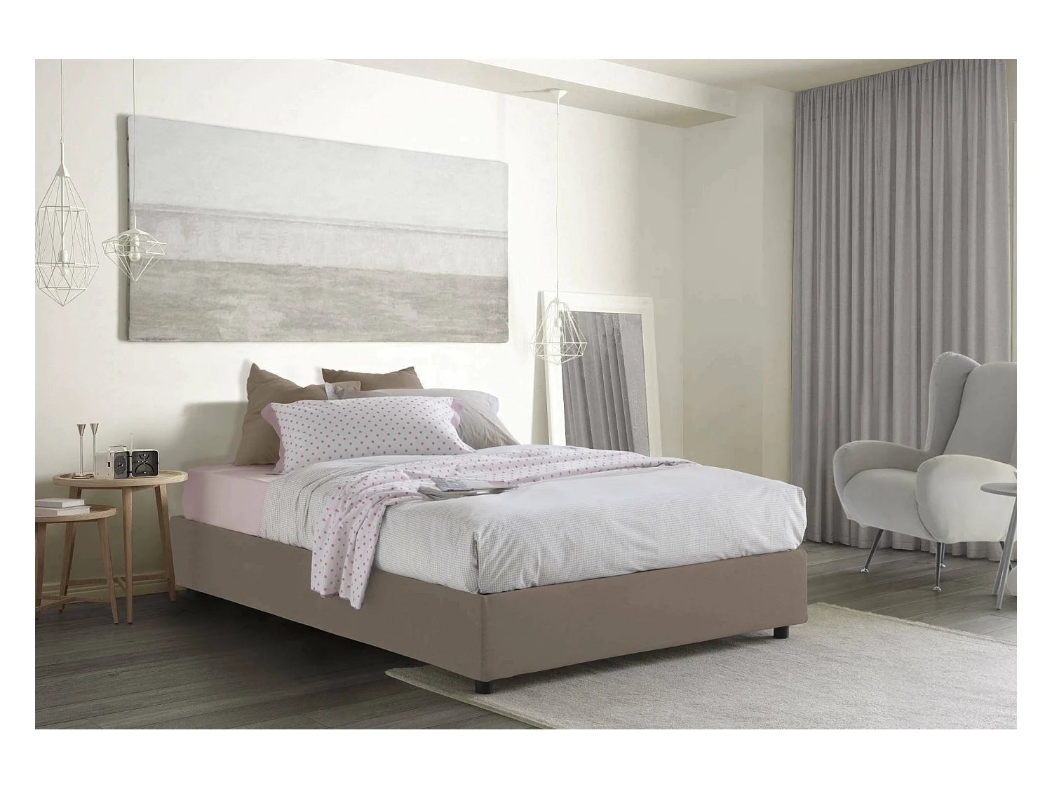 Cama de casal Dcistan, Cama de armazenamento com forro de tecido, 100% Fabricado na Itália, Abertura frontal, adequada para colchão 160x190 cm, Taupe