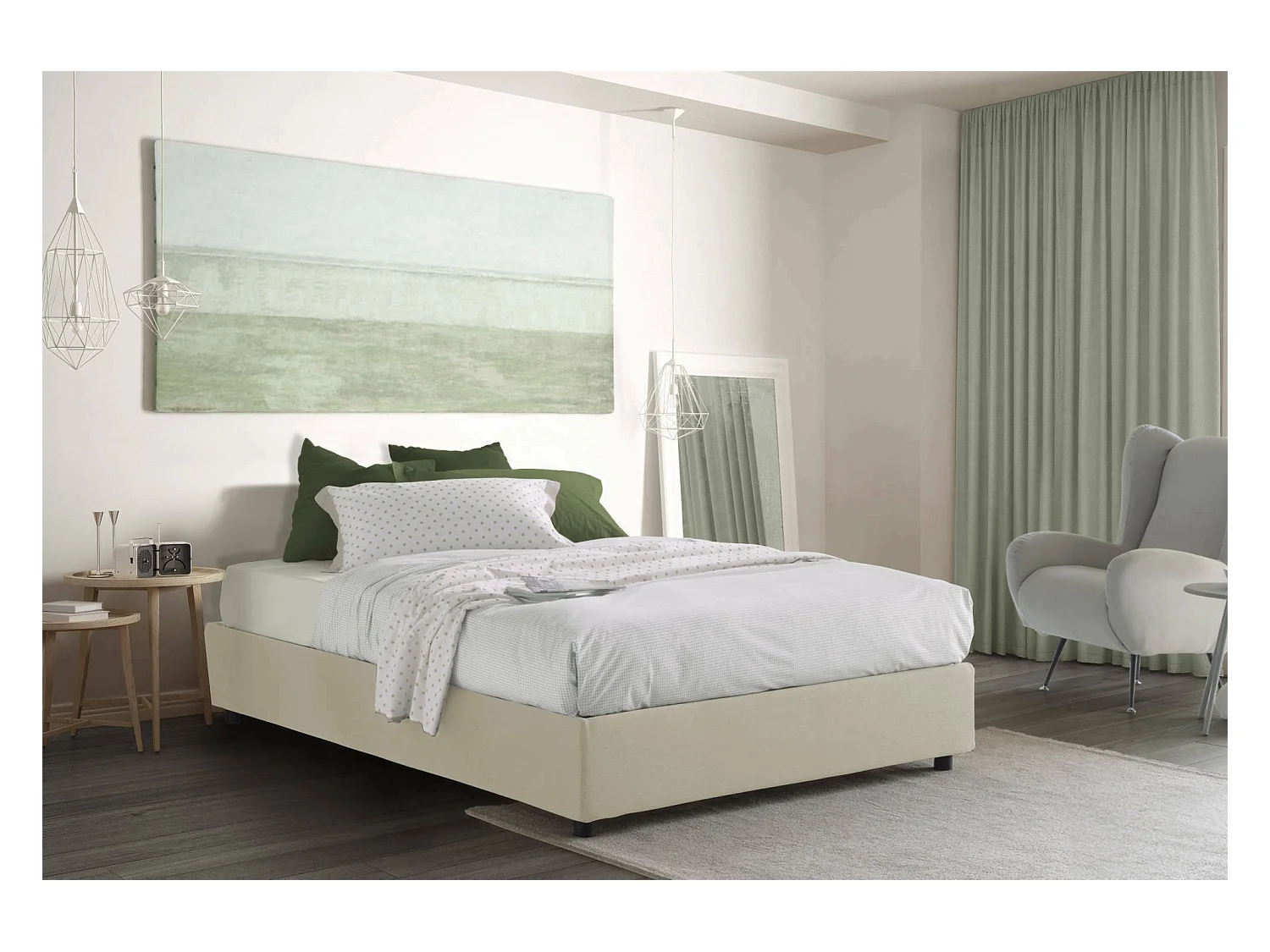 Dcistan tweepersoonsbed, Opbergbed met stoffen bekleding, 100% Made in Italy, Opening aan de voorkant, geschikt voor matras 160x190 cm, Beige