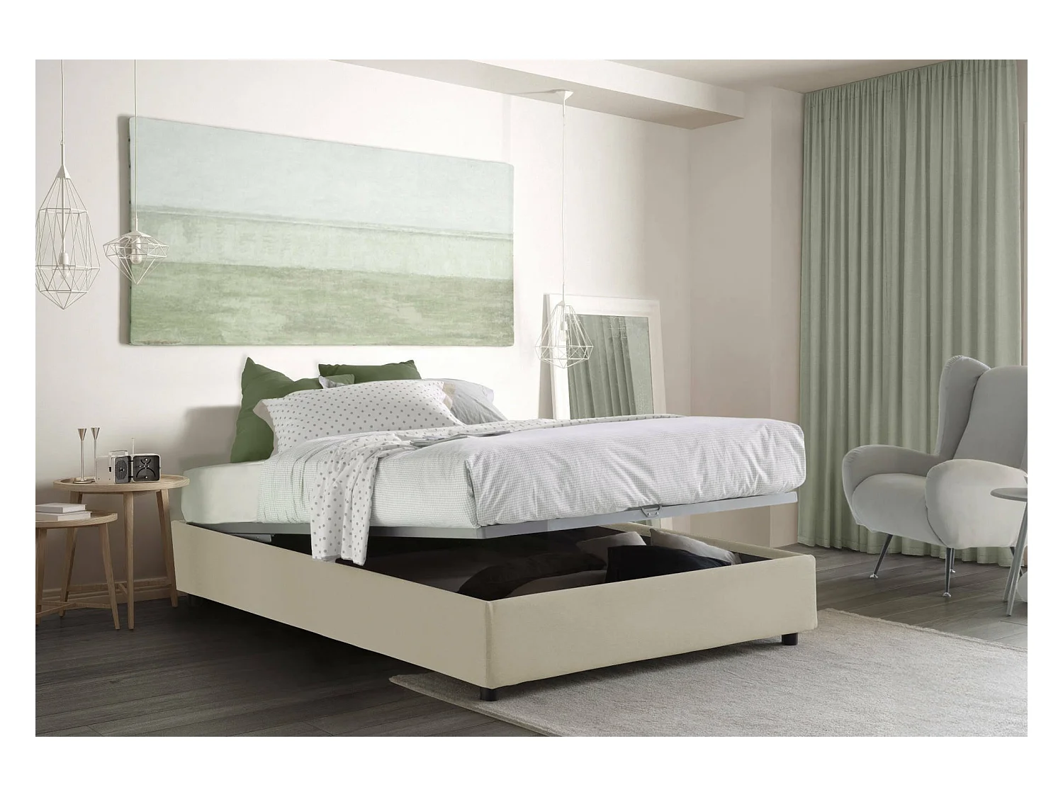Dcistan tweepersoonsbed, Opbergbed met stoffen bekleding, 100% Made in Italy, Opening aan de voorkant, geschikt voor matras 160x190 cm, Beige