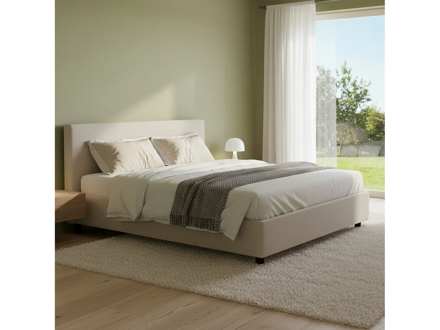 Lit double Dcistan, Lit coffre avec revêtement en tissu, 100% Made in Italy, Ouverture frontale, adapté pour matelas 160x190 cm, Beige