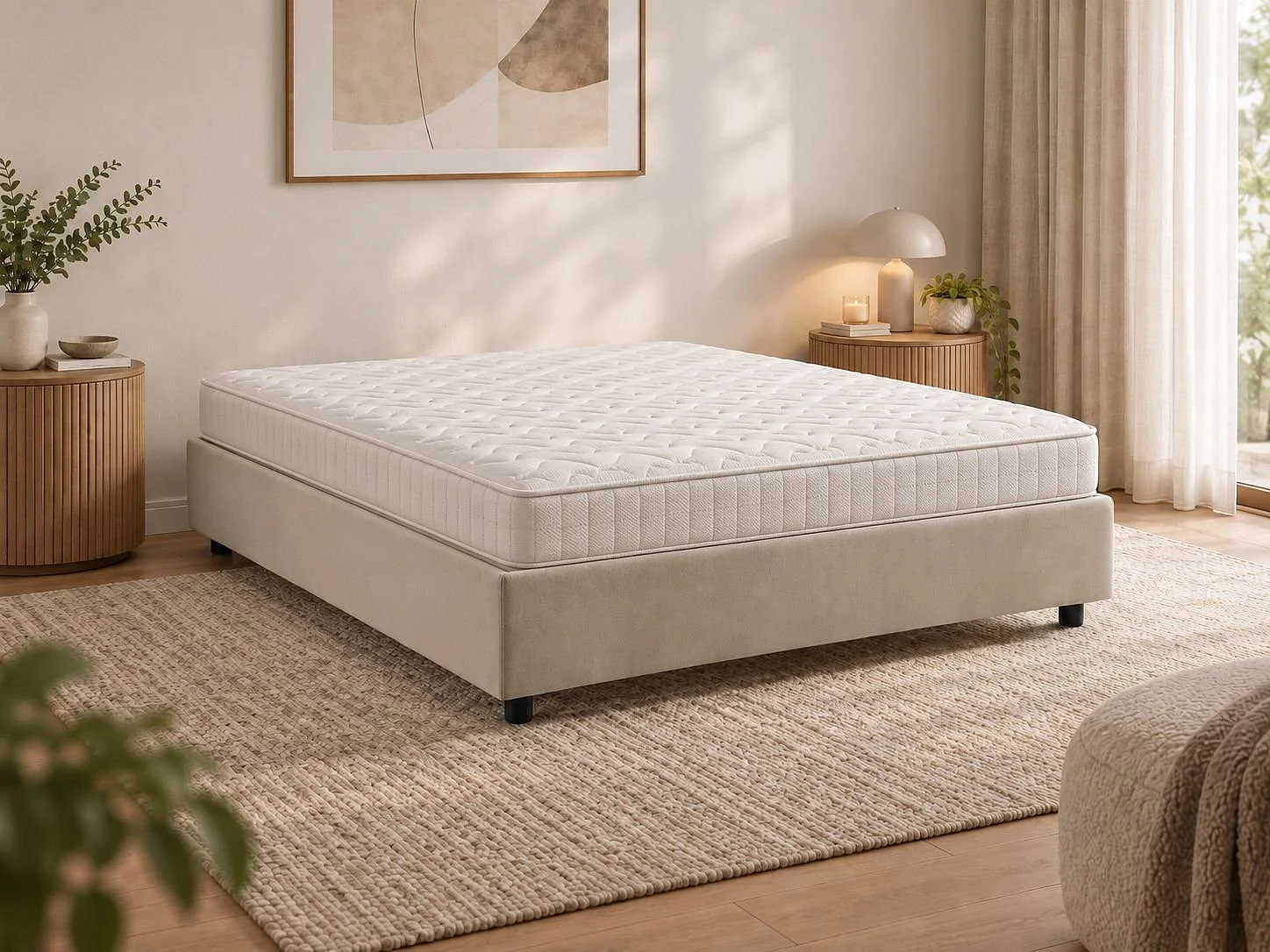 Lit double Dcistan, Lit coffre avec revêtement en tissu, 100% Made in Italy, Ouverture frontale, adapté pour matelas 160x190 cm, Beige