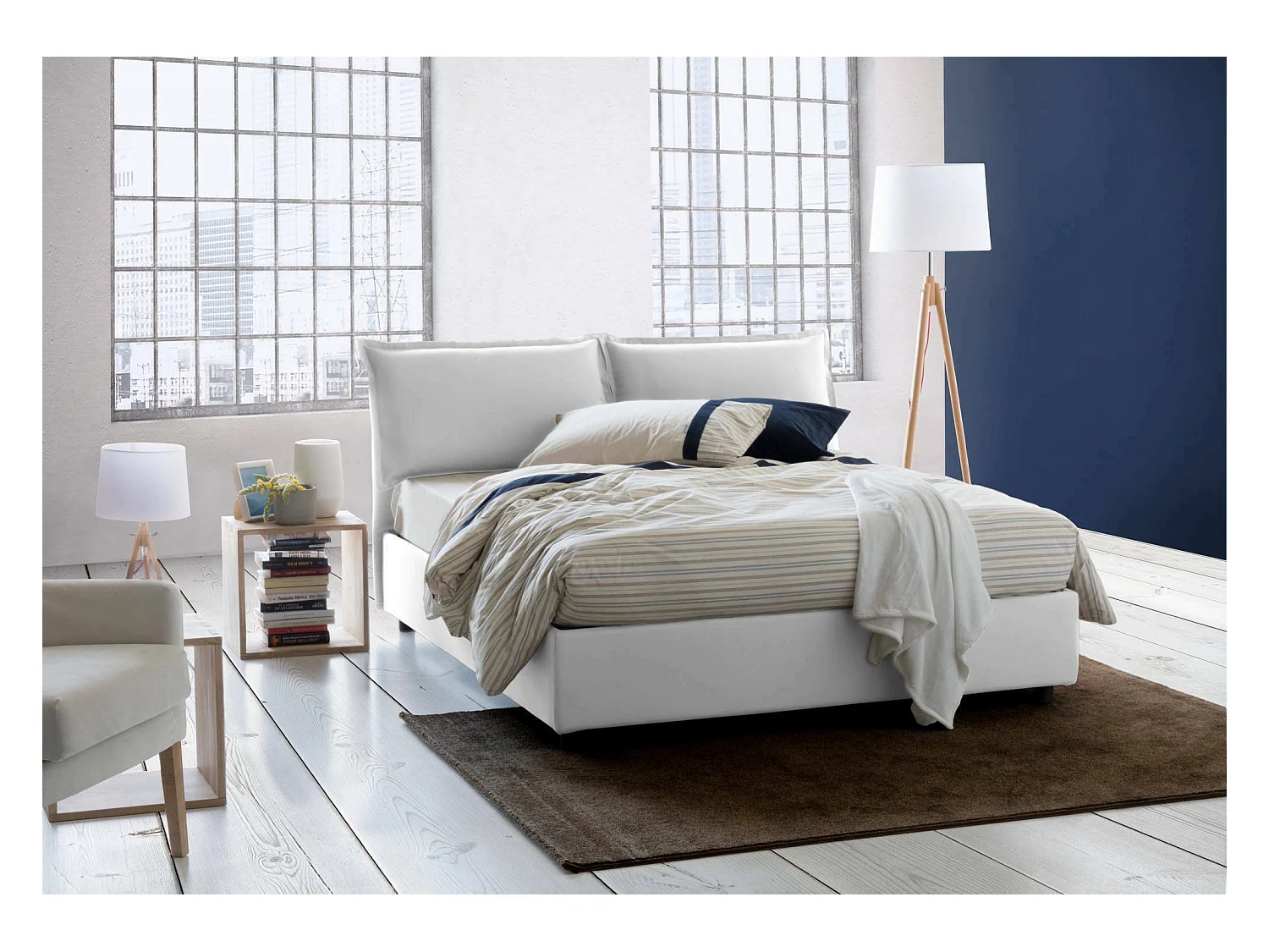 Lit double Daam, Lit coffre avec revêtement en tissu, 100% Made in Italy, Ouverture frontale, adapté pour matelas 140x190 cm, Blanc