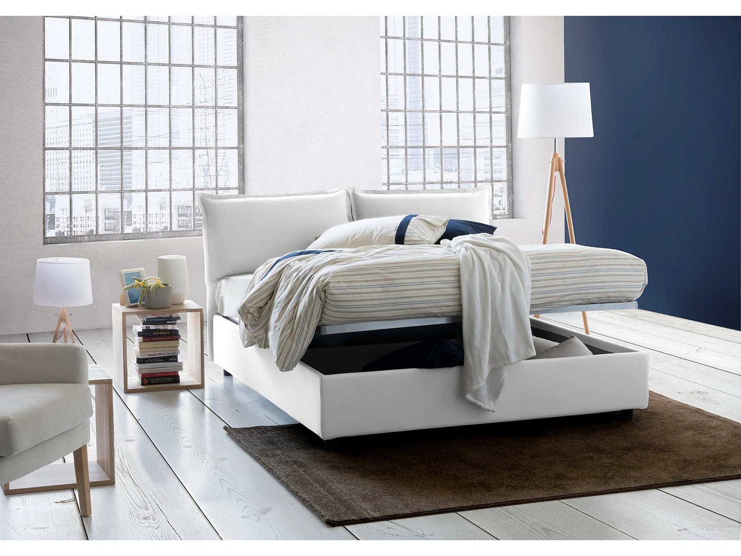 Lit double Daam, Lit coffre avec revêtement en tissu, 100% Made in Italy, Ouverture frontale, adapté pour matelas 140x190 cm, Blanc